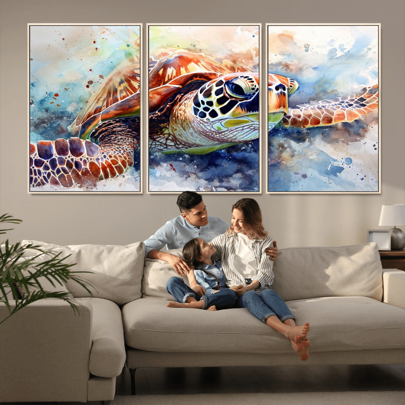 MGV-FC-60X30-3P - Watercolor Sea Turtle Wall Art Canvas Print - Vibrant Ocean Colors in Watercolor Style - Ready to