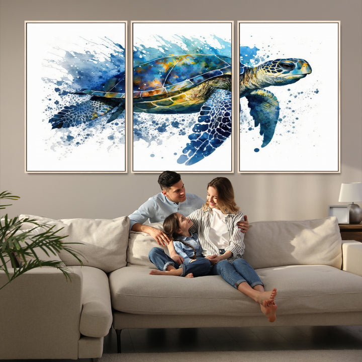 A living room features an eco-friendly inks sea turtle art print from [Keyword] Canvas Wall Art.