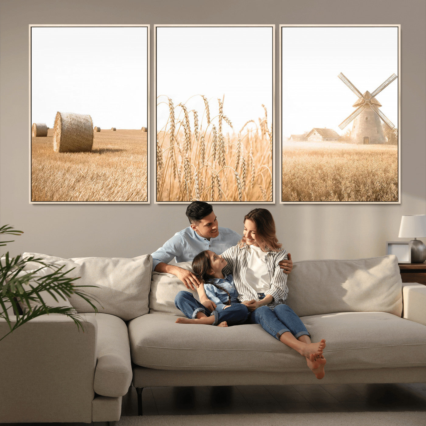 MGV-FC-60X30-3P - Vintage Farmhouse Triptych Wall Art – Giclée Canvas Featuring Wheat Fields, Hay Bales, and a