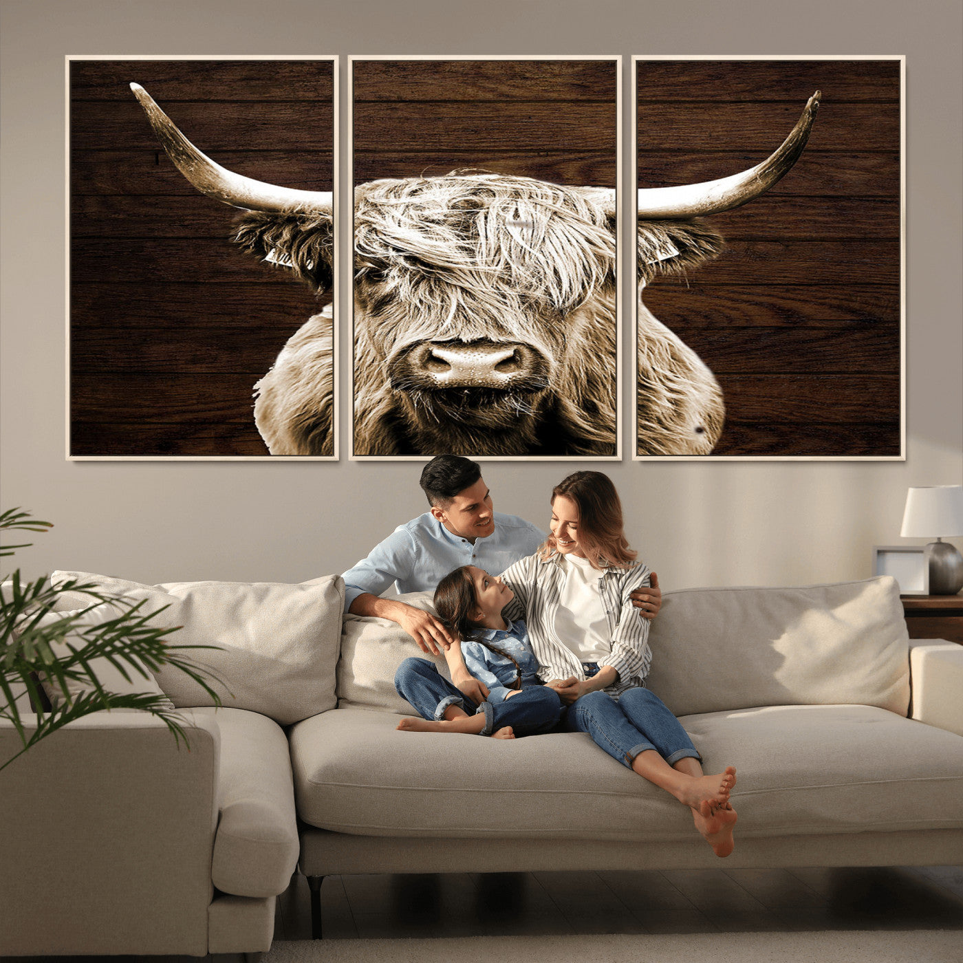MGV-FC-60X30-3P - Highland Cow Wall Art Canvas Print, Rustic Farmhouse Decor, Majestic Scottish Highland Bull Portrait