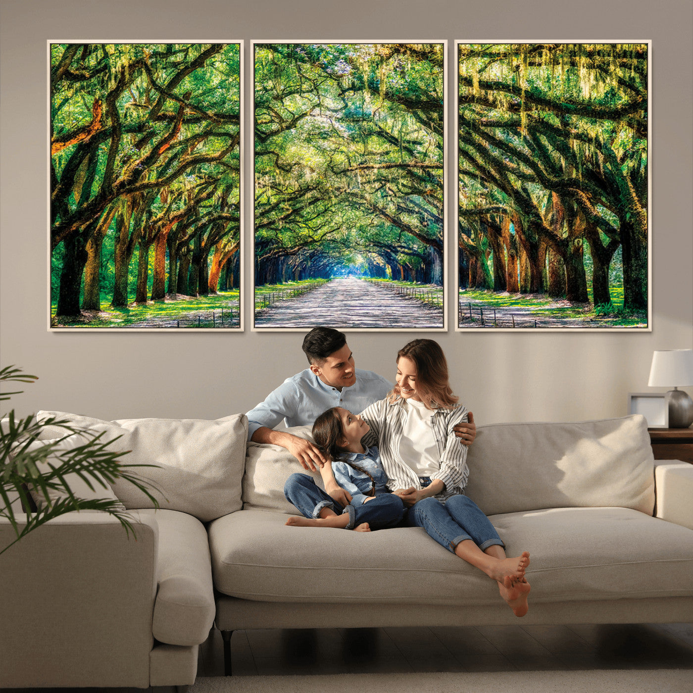 MGV-FC-60X30-3P - Serene Tree Tunnel Wall Art Canvas Print – Pathway Under Canopy of Lush Green Trees, Nature-Inspired