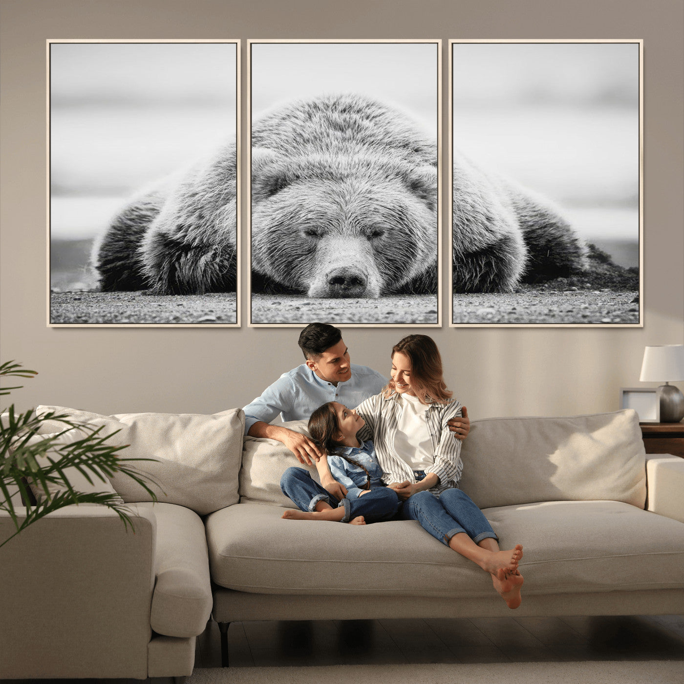 MGV-FC-60X30-3P - Resting Grizzly Bear Wall Art Canvas Print – Majestic Lazy Black and White Wildlife Bear Art,