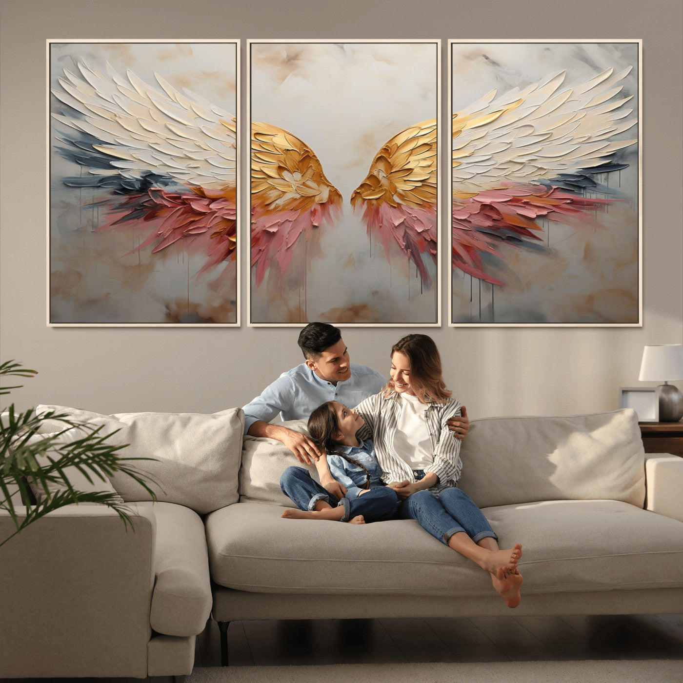 MGV-FC-60X30-3P - Golden Angel Wings Wall Art Canvas Print – Stunning Abstract Winged Art for Elegant Home Decor –