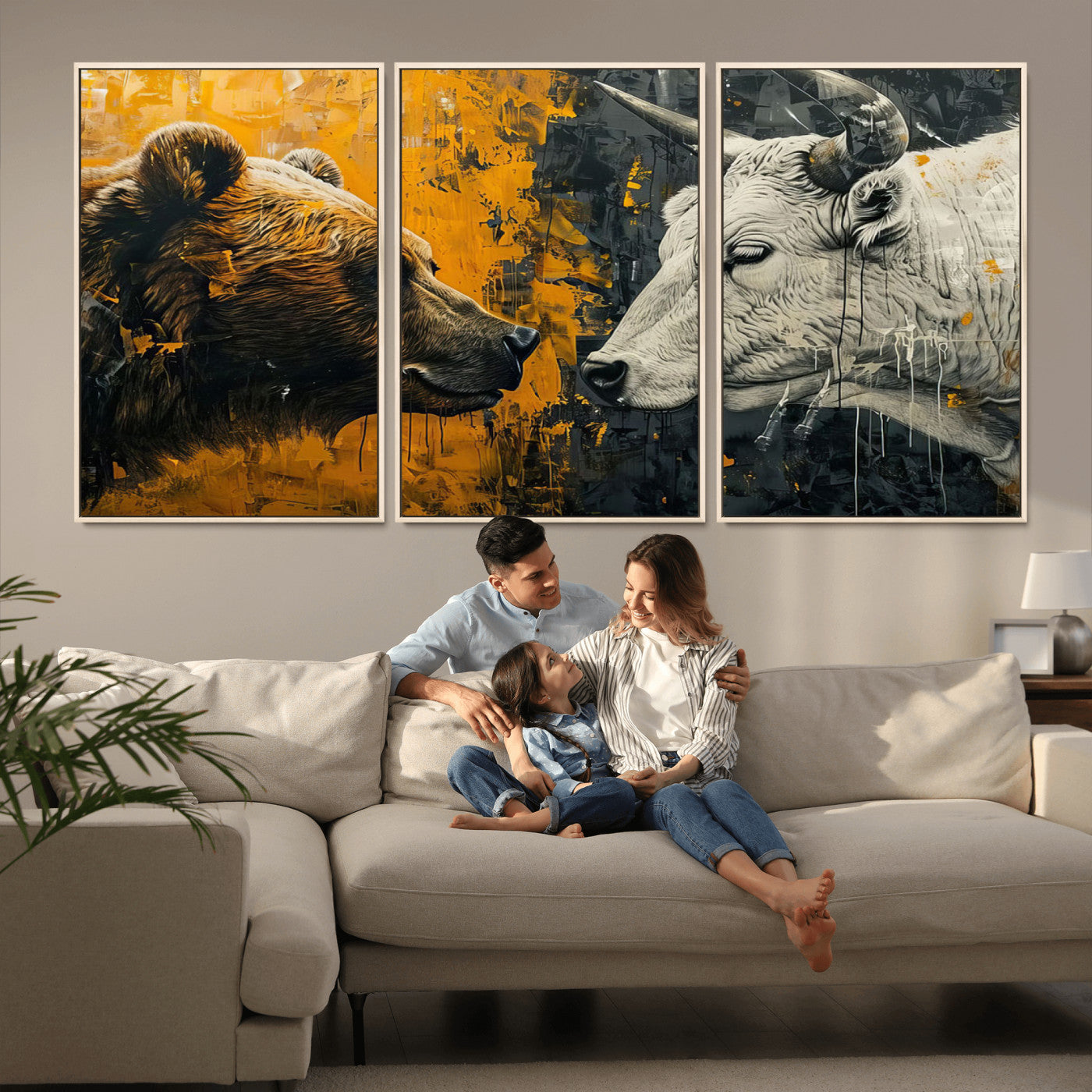 MGV-FC-60X30-3P - Bear and Bull Wall Art Canvas Print – Abstract Animal Portrait Painting for Modern Home Decor –