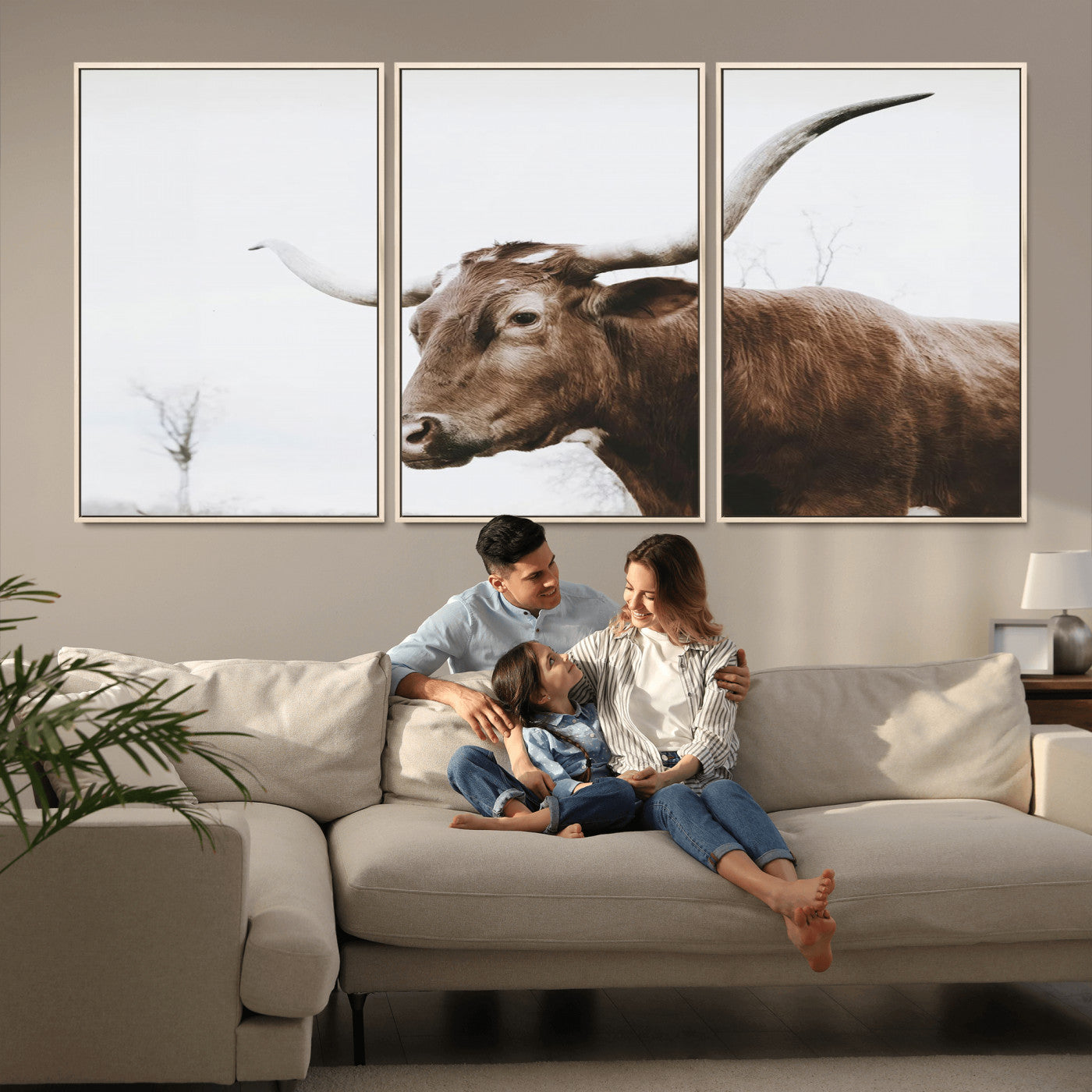 MGV-FC-60X30-3P - Rustic Bull Wall Art Canvas Print – Modern Longhorn Farmhouse Animal Decor – Abstract Farm Cow