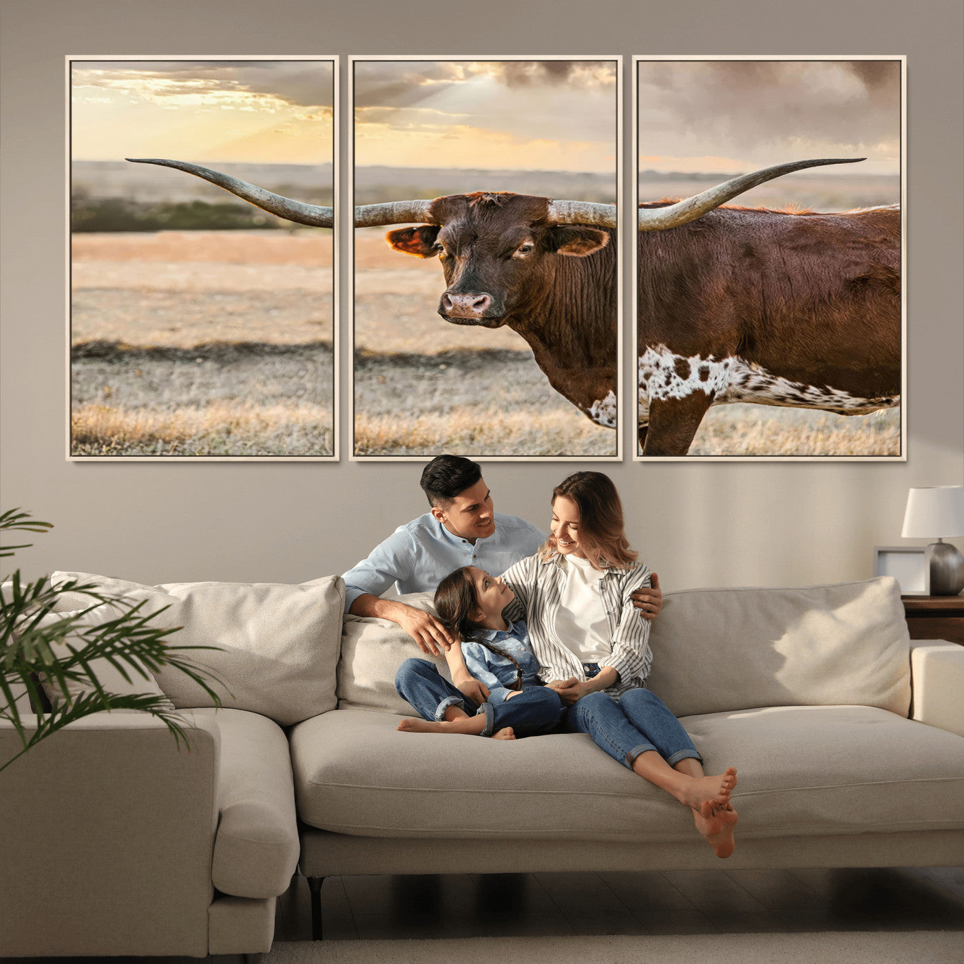 MGV-FC-60X30-3P - Texas Longhorn Wall Art Canvas Print, Rustic Ranch Decor, Majestic Western Longhorn Cattle