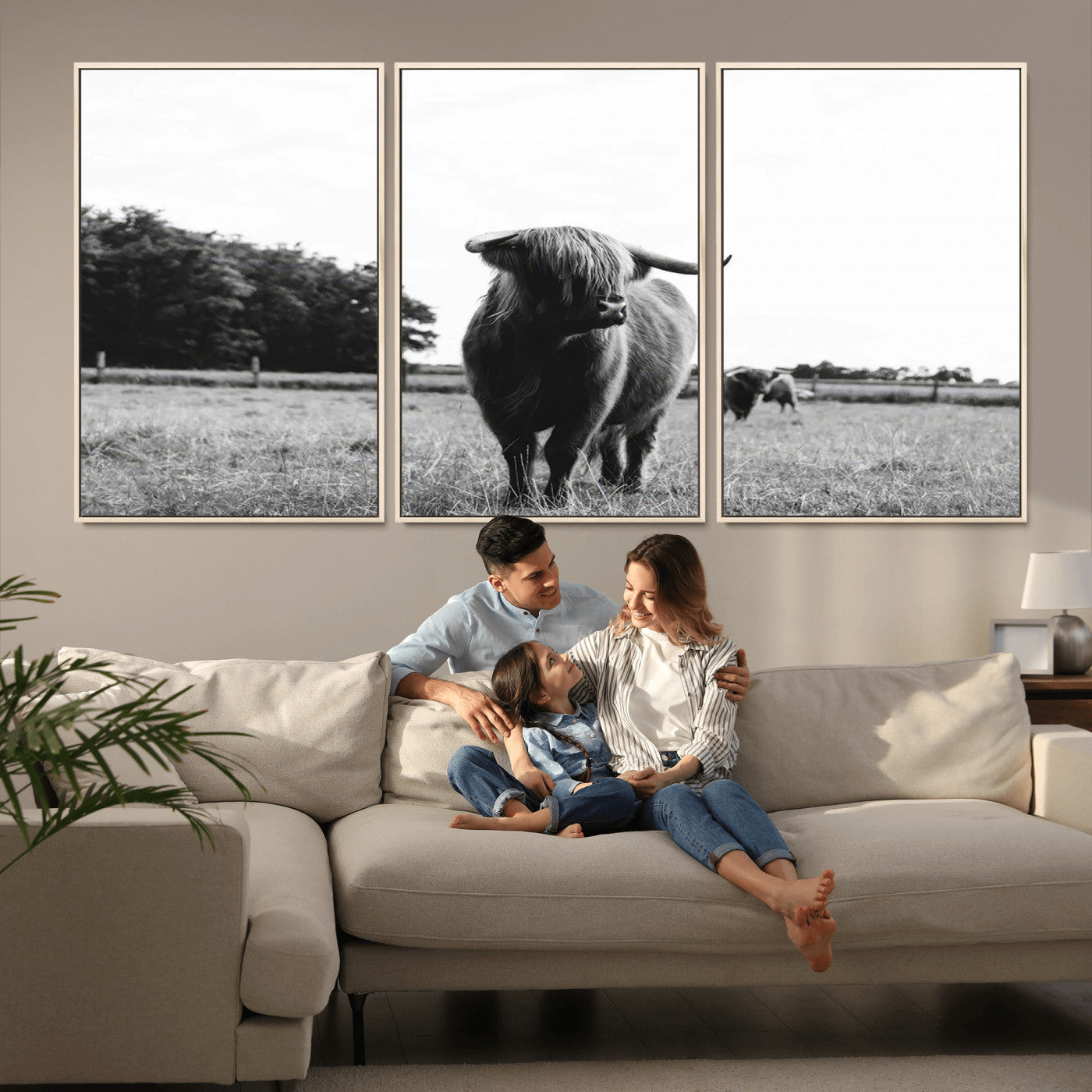 MGV-FC-60X30-3P - Black and White Highland Cow Wall Art Canvas Print | Rustic Western Decor for Living Room or Office,