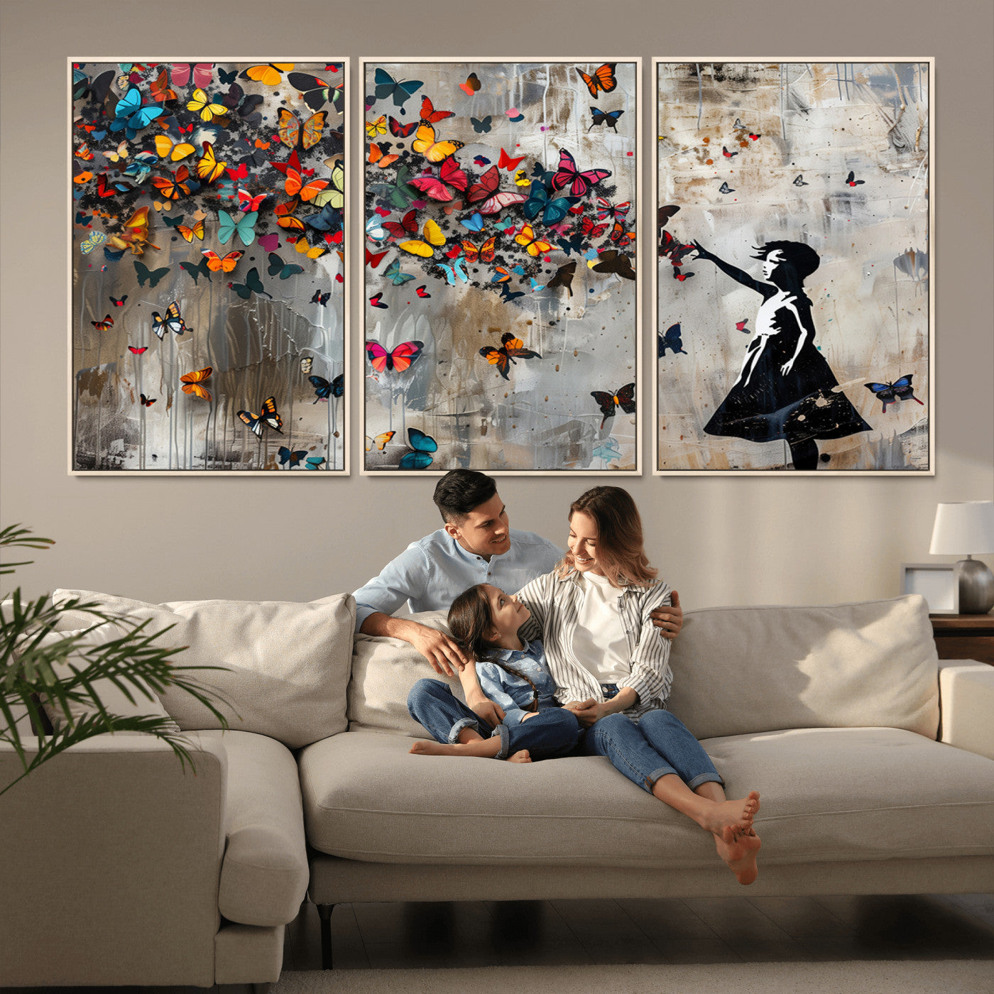 MGV-FC-60X30-3P - Banksy Wall Art - Banksy Girl and Butterfly Explosion Wall Art Canvas Print | Girl with Butterflies