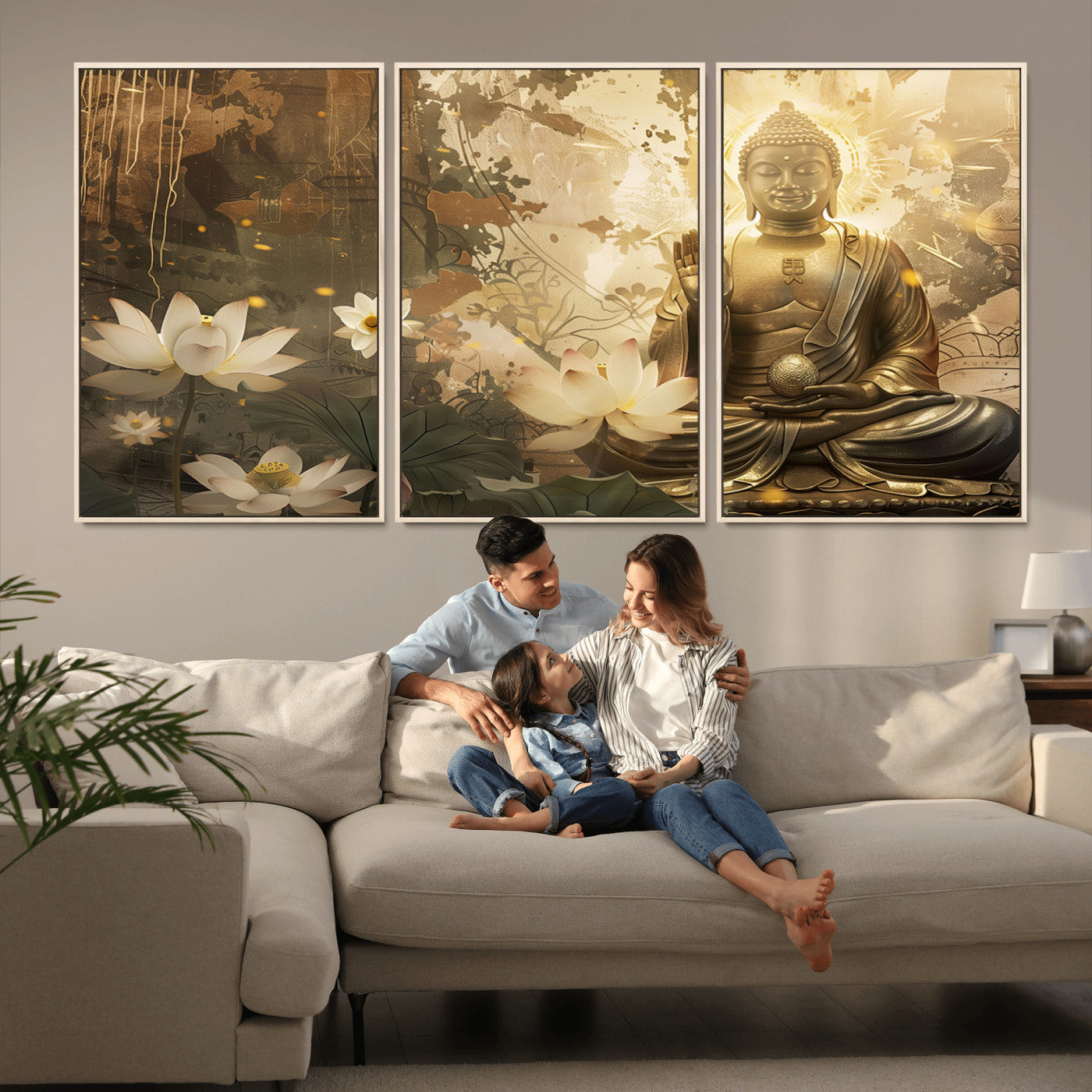 MGV-FC-60X30-3P - Zen Buddha Wall Art Canvas Print | Peaceful Meditation Decor with Lotus Flowers | Spiritual Serenity