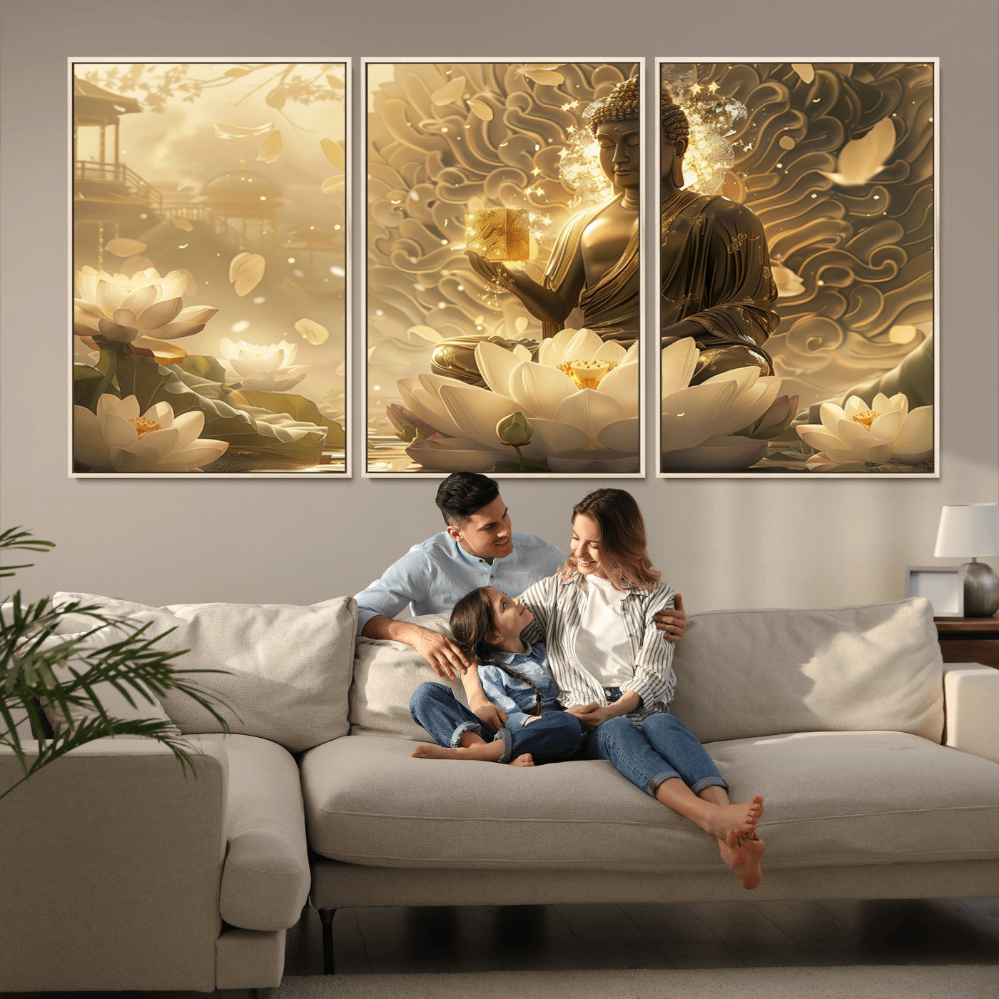 MGV-FC-60X30-3P - Golden Buddha Wall Art | Yoga Room Decor and Meditation Room Wall Art | Framed and Ready to Hang