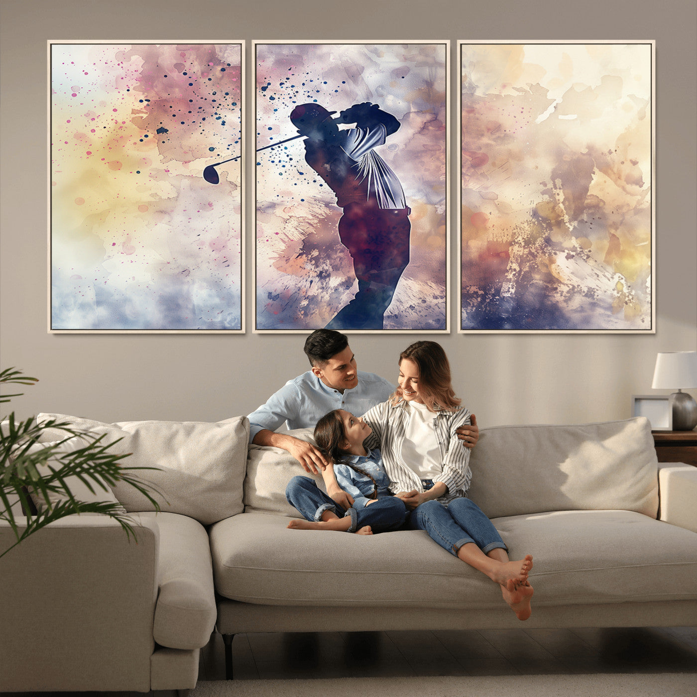 MGV-FC-60X30-3P - Abstract Watercolor Golf Player Wall Art Canvas Print