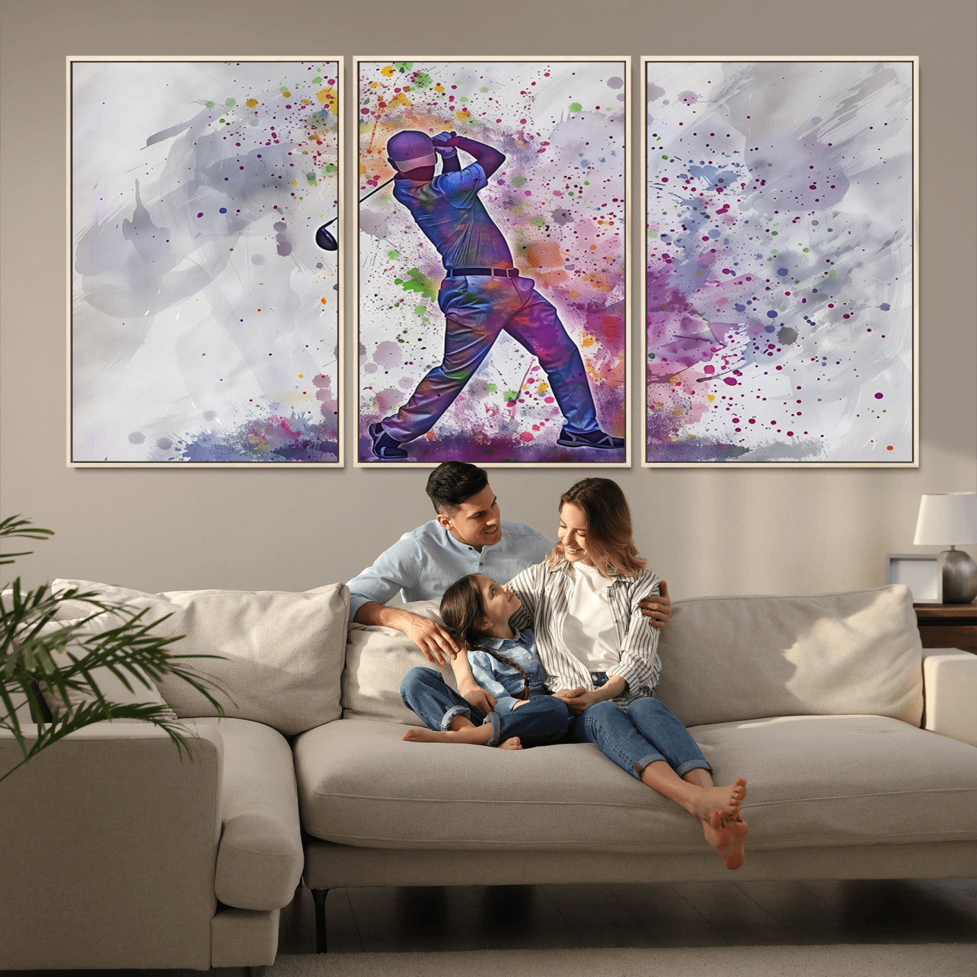 MGV-FC-60X30-3P - Watercolor Golf Swing Wall Art Canvas Print | Vibrant Abstract Golf Player Silhouette |