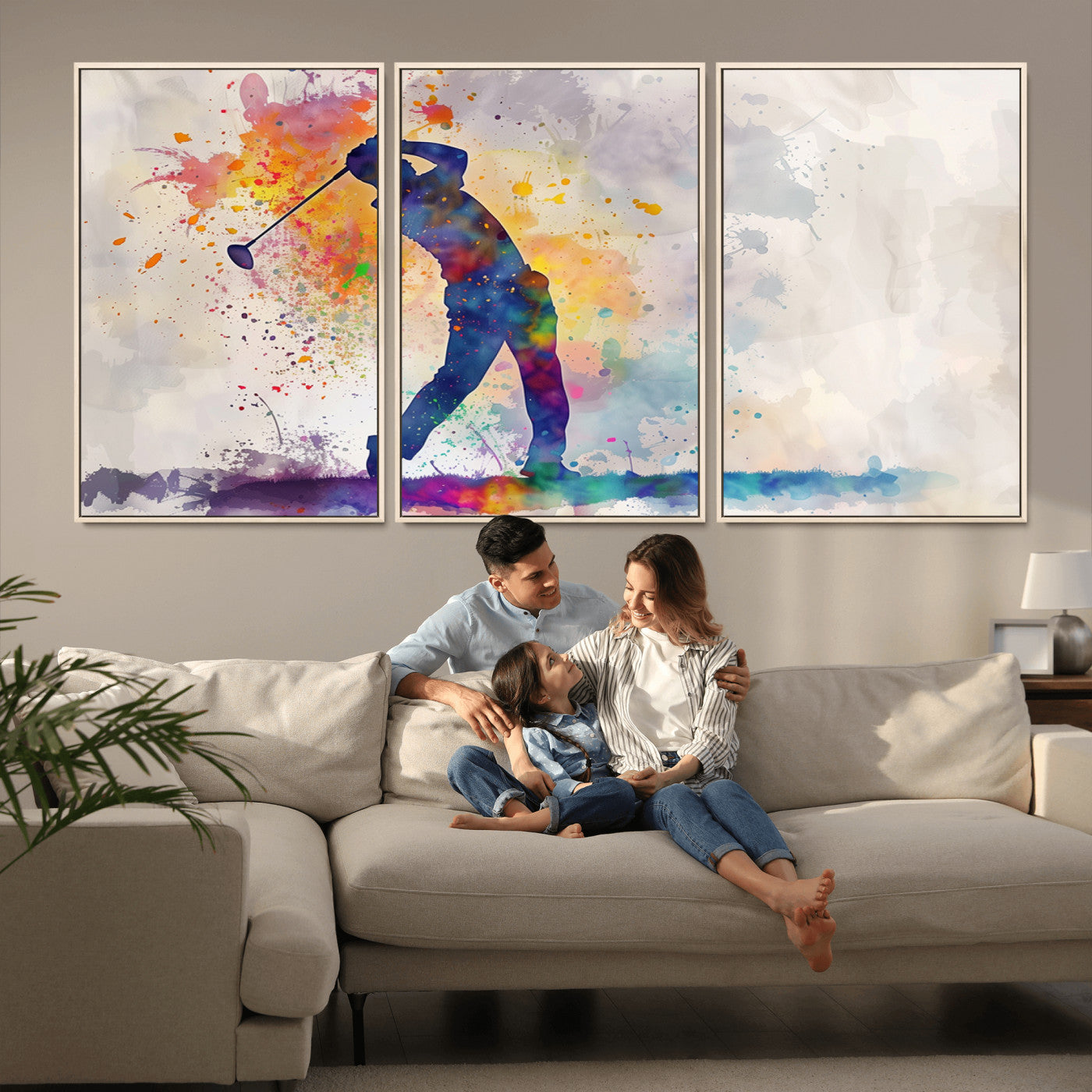 MGV-FC-60X30-3P - Watercolor Golf Swing Wall Art Canvas Print | Vibrant Abstract Golf Player Silhouette |