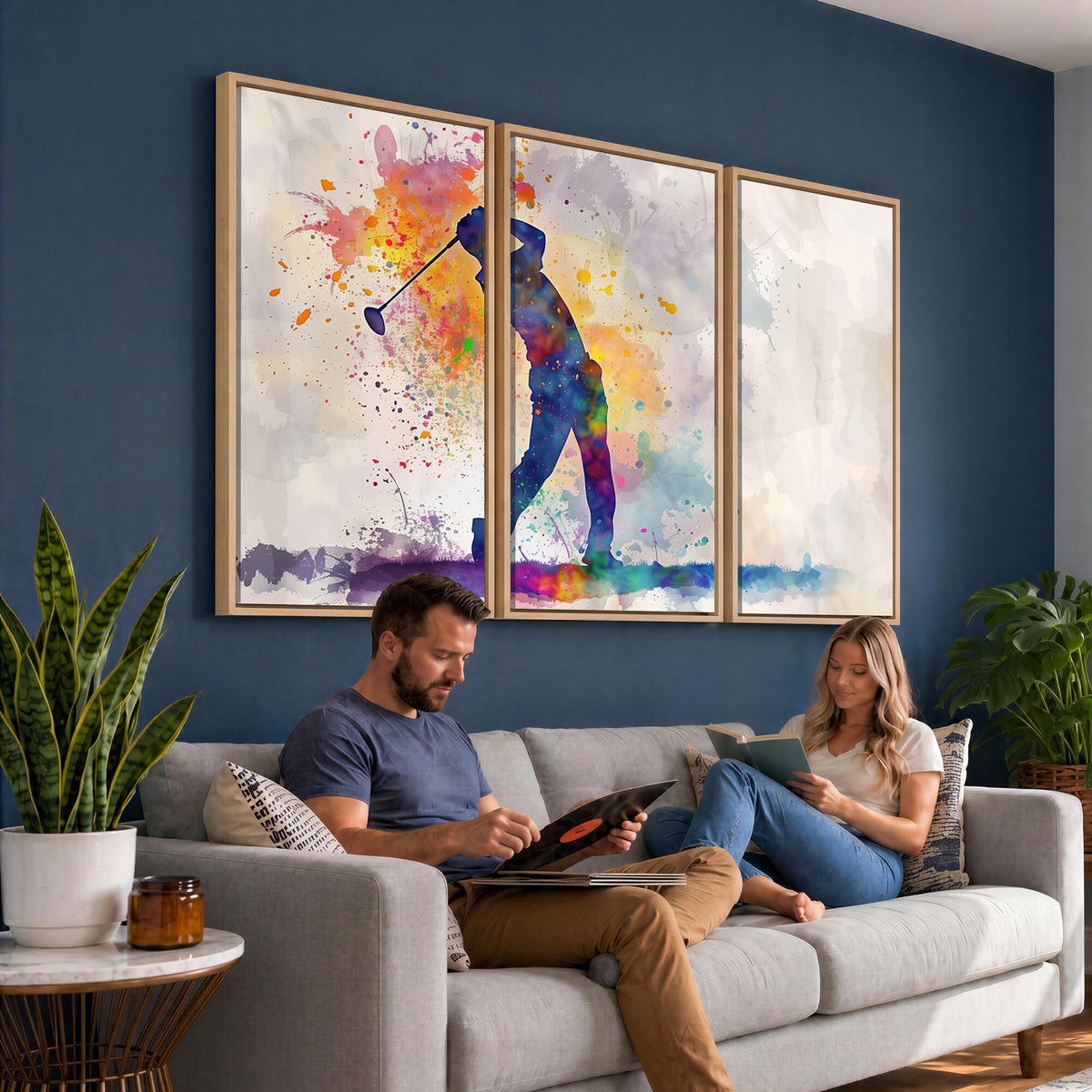 89625-MGV-CV-36X24 - Vibrant Watercolor Golf Swing Wall Art Canvas Print | Extra Large 3 Piece Canvas Wall Art