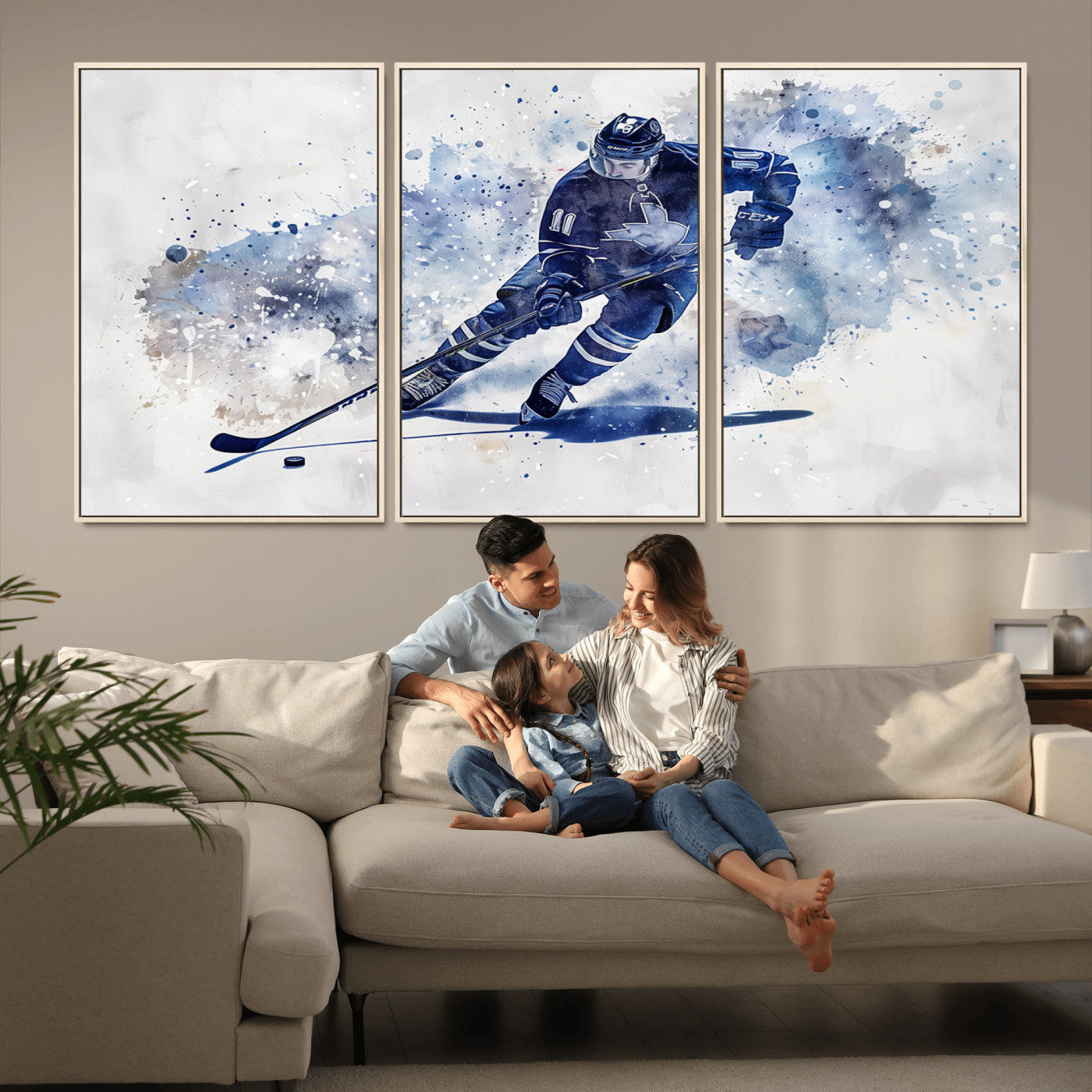 MGV-FC-60X30-3P - Hockey Player Wall Art Canvas Print - Sports-Inspired Watercolor Decor - Ready to Hang