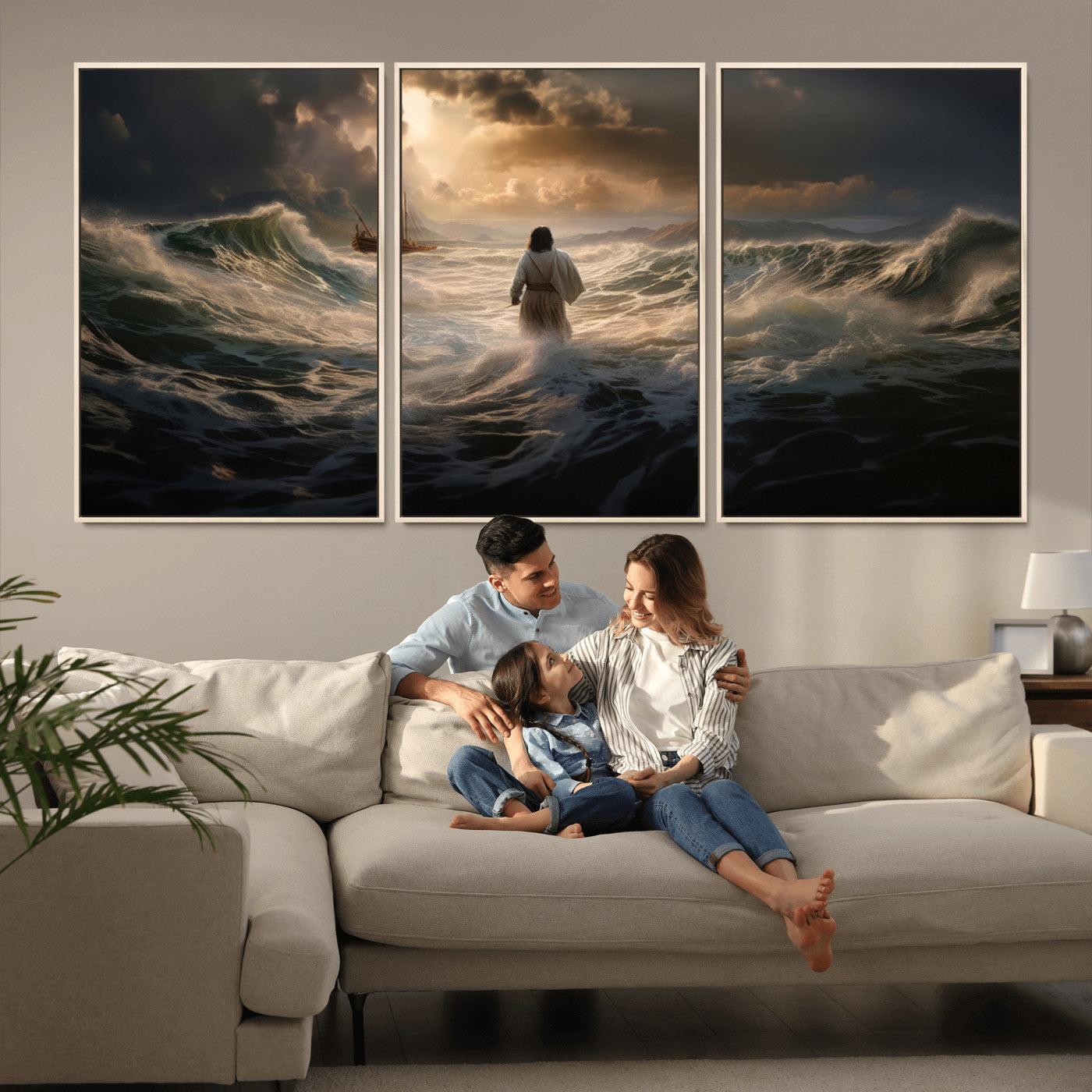 MGV-FC-60X30-3P - Jesus Walking on Water Wall Art Canvas Print - Religious Spiritual Decor - Jesus Wall Art Canvas