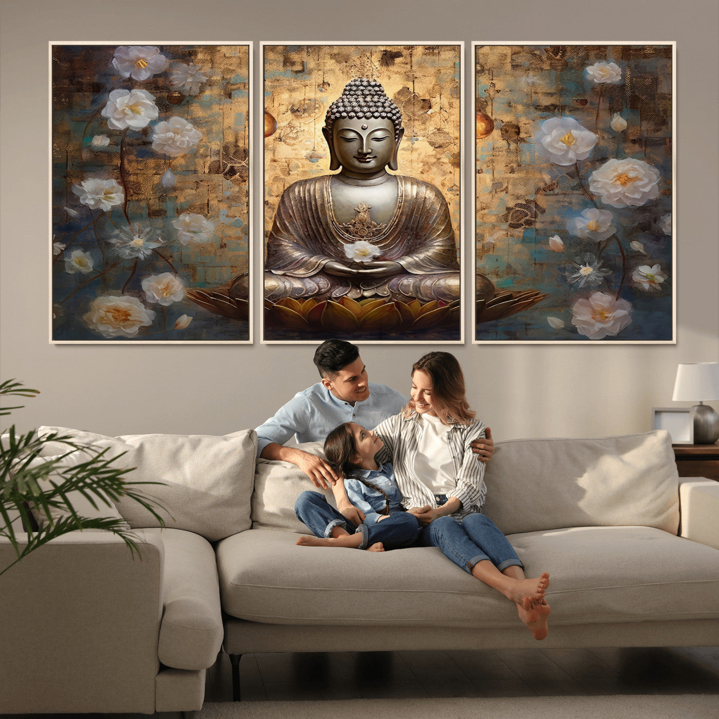 MGV-FC-60X30-3P - Golden Buddha Wall Art Canvas Print | Zen Meditation Floral Decor | Tranquil Spiritual Home Art |