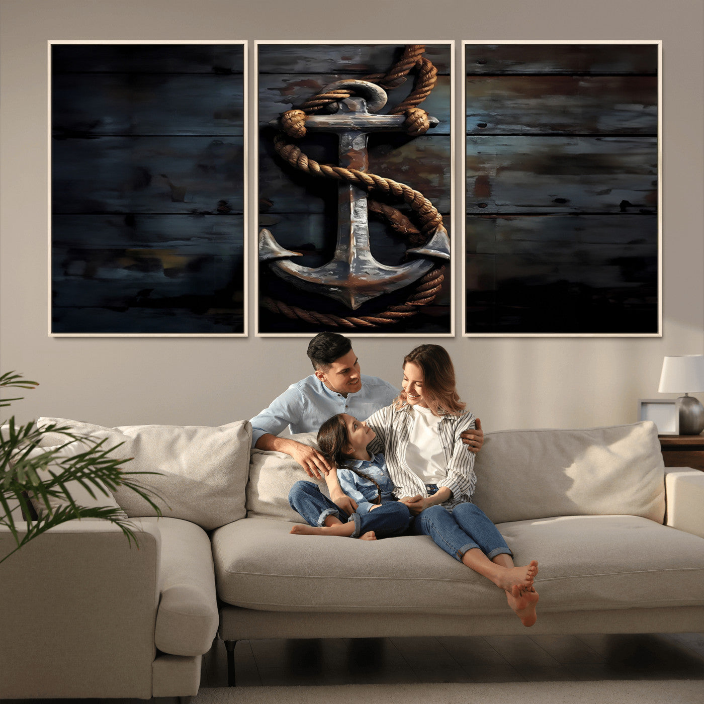 MGV-FC-60X30-3P - 3 Panel Grunge Abstract Anchor Wall Art Canvas Print Set