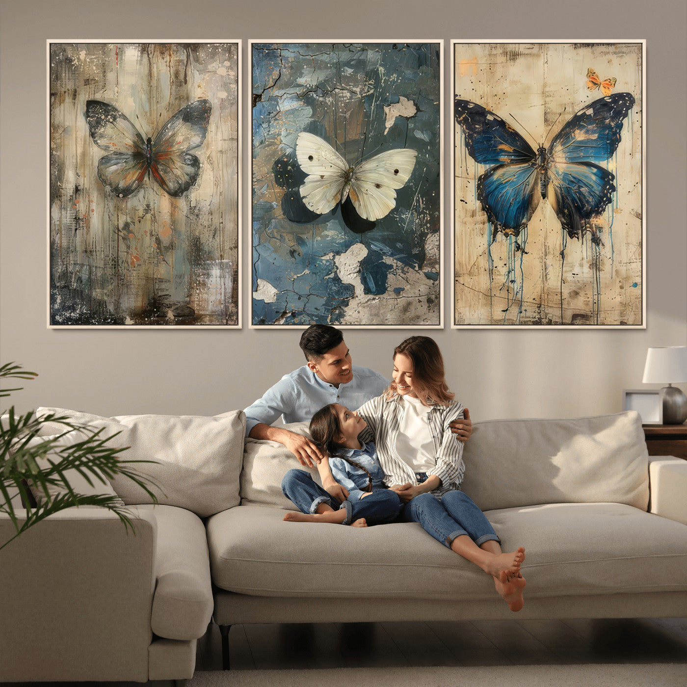 MGV-FC-60X30-3P - Butterfly Wall Art Trio | Vintage Butterfly Canvas Print | Ready to Hang Framed Artwork for