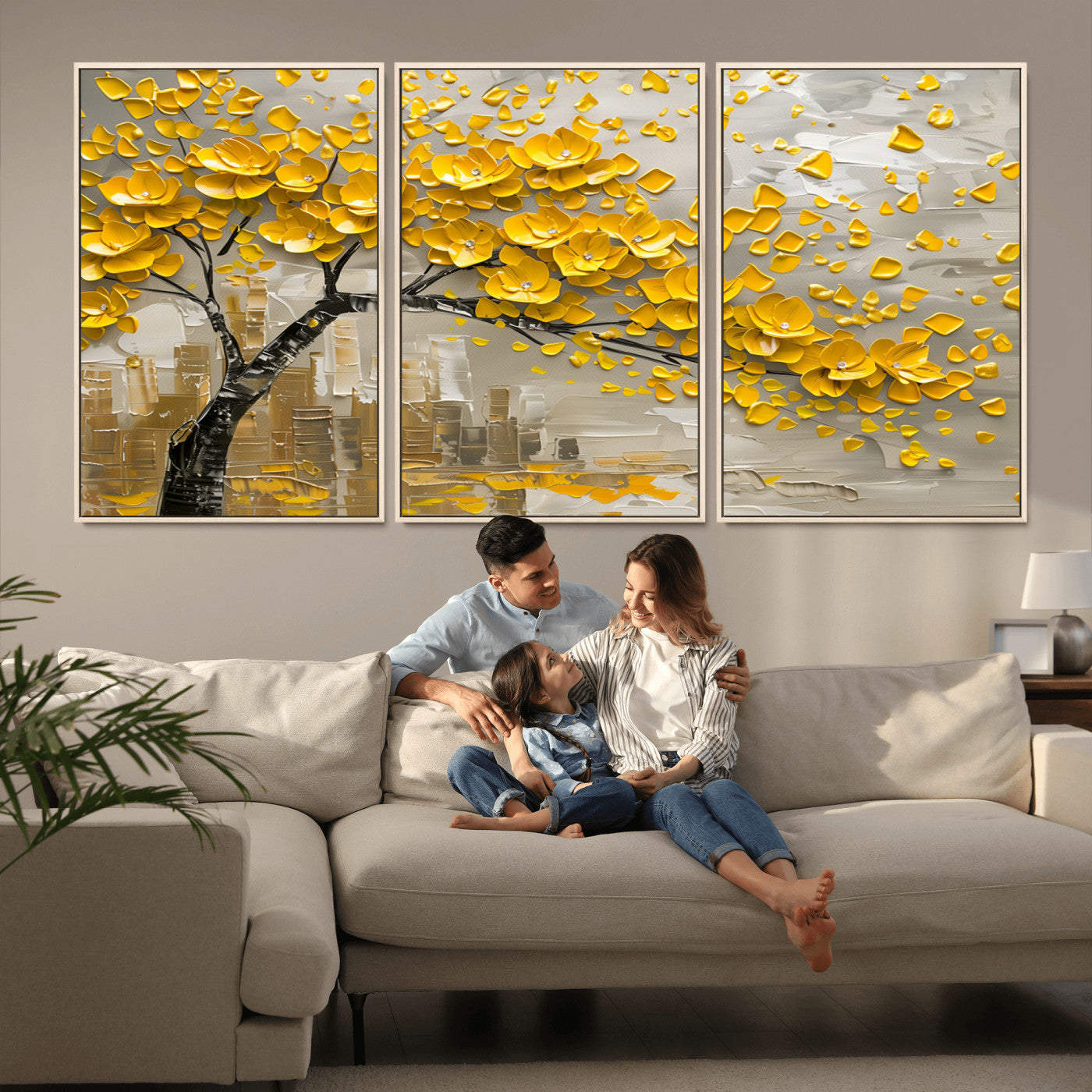 MGV-FC-60X30-3P - Yellow Blossom Tree Canvas Wall Art - Floral Abstract Modern Contemporary Artwork for Living Room or