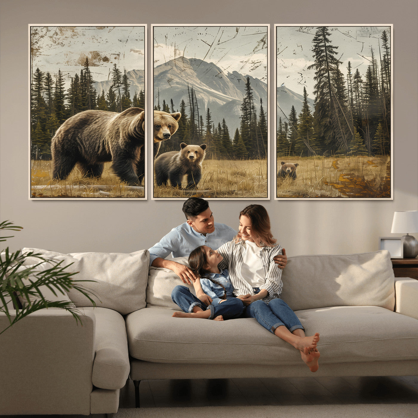 MGV-FC-60X30-3P - Rustic Grizzly 399 Bear Family Wall Art Canvas Print
