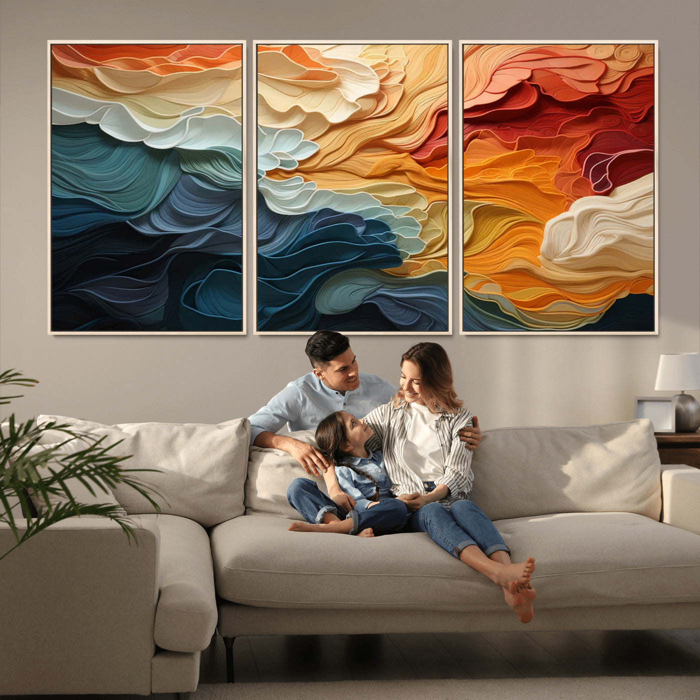 MGV-FC-60X30-3P - Blue Orange Abstract Wave Wall Art Canvas Print, Framed Blue Orange Wave Wall Art