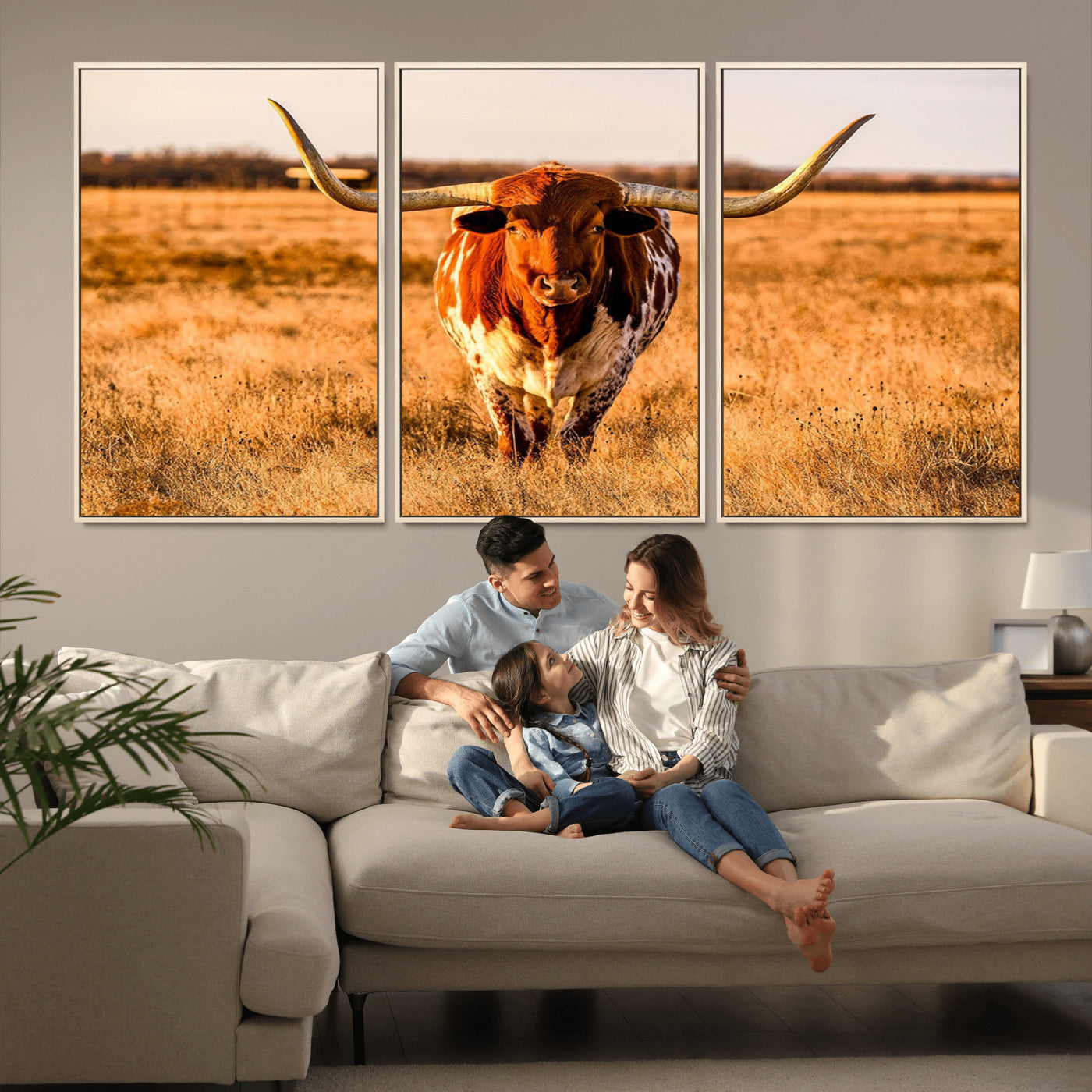 MGV-FC-60X30-3P - Longhorn Cow Wall Art | Ready to Hang Framed Canvas Print for Farmhouse and Barn Decor