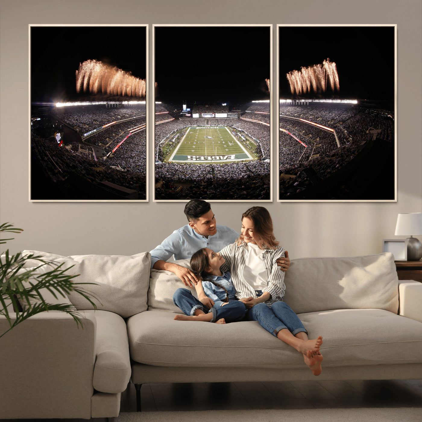 48893-MGV-CV-36X24-Eagles Field Stadium Wall Art - Lincoln Financial Field Fireworks Game Triple Canvas Wall Art -