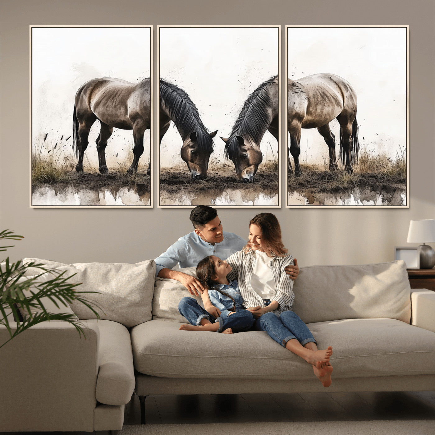 71729-MGV-FC-60X30-3P_Natural-Chines Ink Style Horses Wall Art Canvas Print