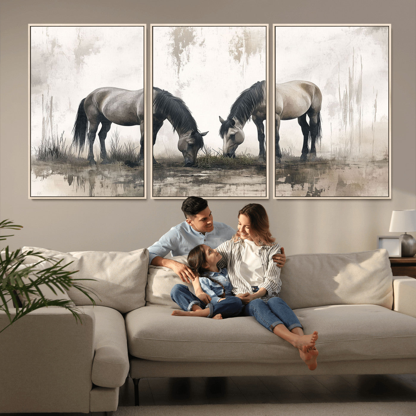 35494-MGV-FC-60X30-3P_Natural-Chines Ink Style Vintage Horses Wall Art Canvas Print for Farmhouse Wall Decor