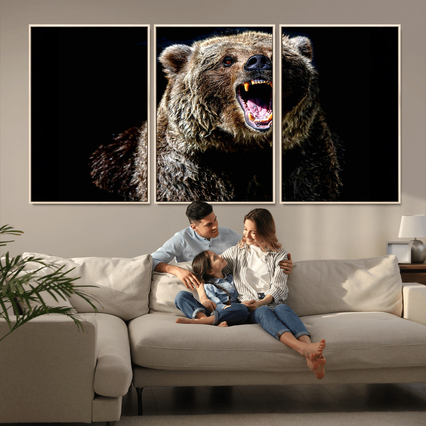 17625-MGV-FC-60X30-3P_Natural-Grizzly Bear Canvas Print | Wildlife Wall Art for Cabin Decor | Ready to Hang Framed