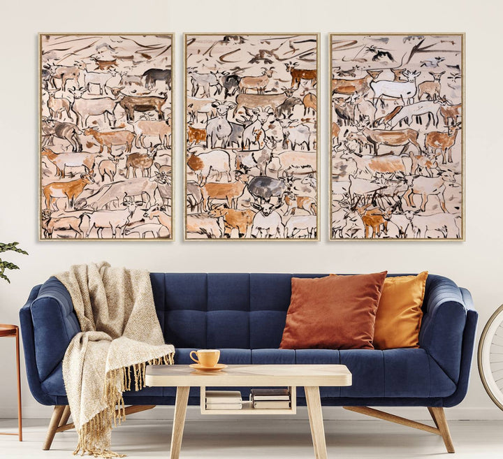 Framed Goat Herd Wall Art in minimal brush strokes on a beige backdrop, ideal for farmhouse or cabin decor.