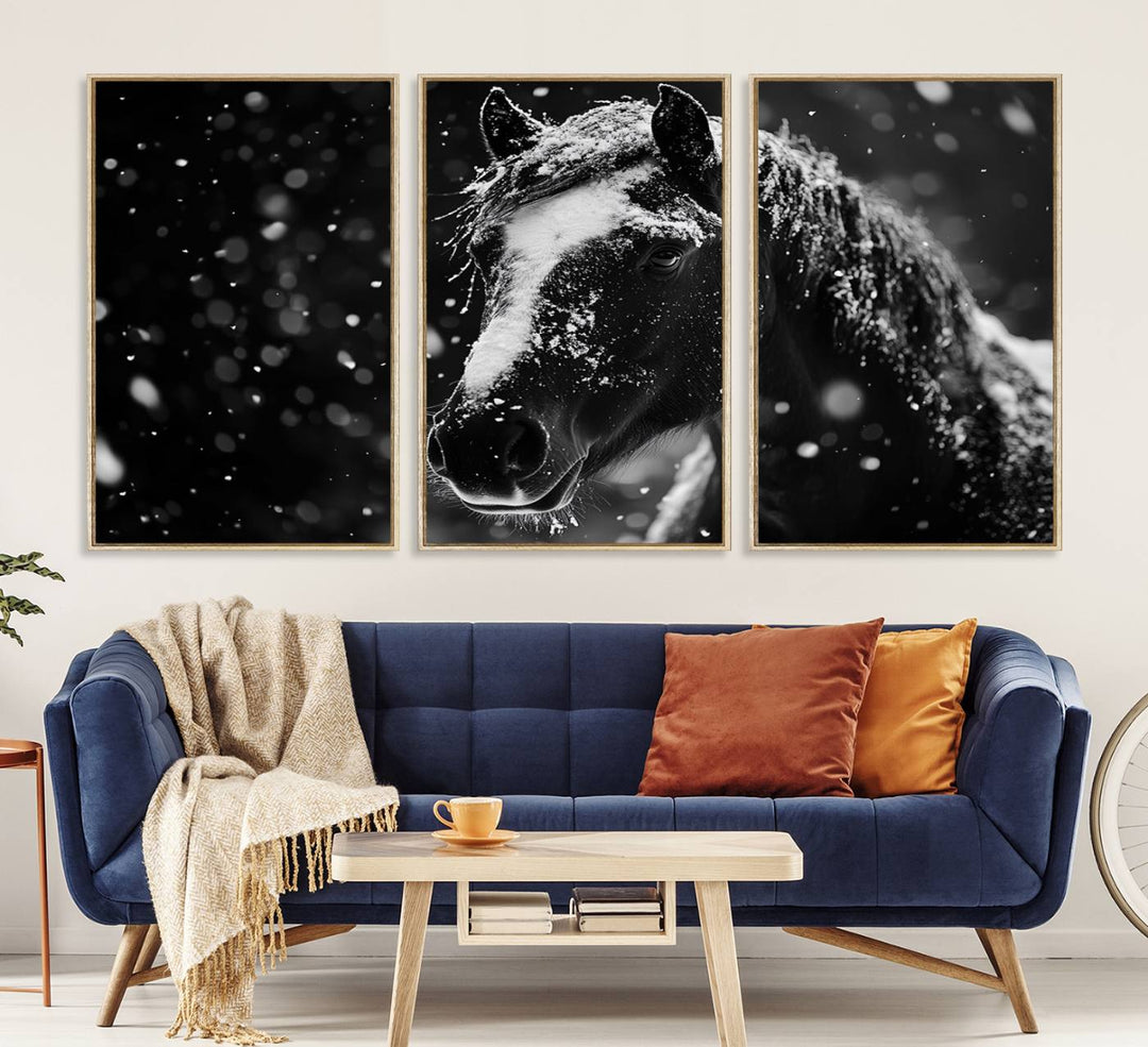 The Winter Horse Wall Art showcases a gentle horse print with snowflakes, ideal for rustic farmhouse or cabin decor.