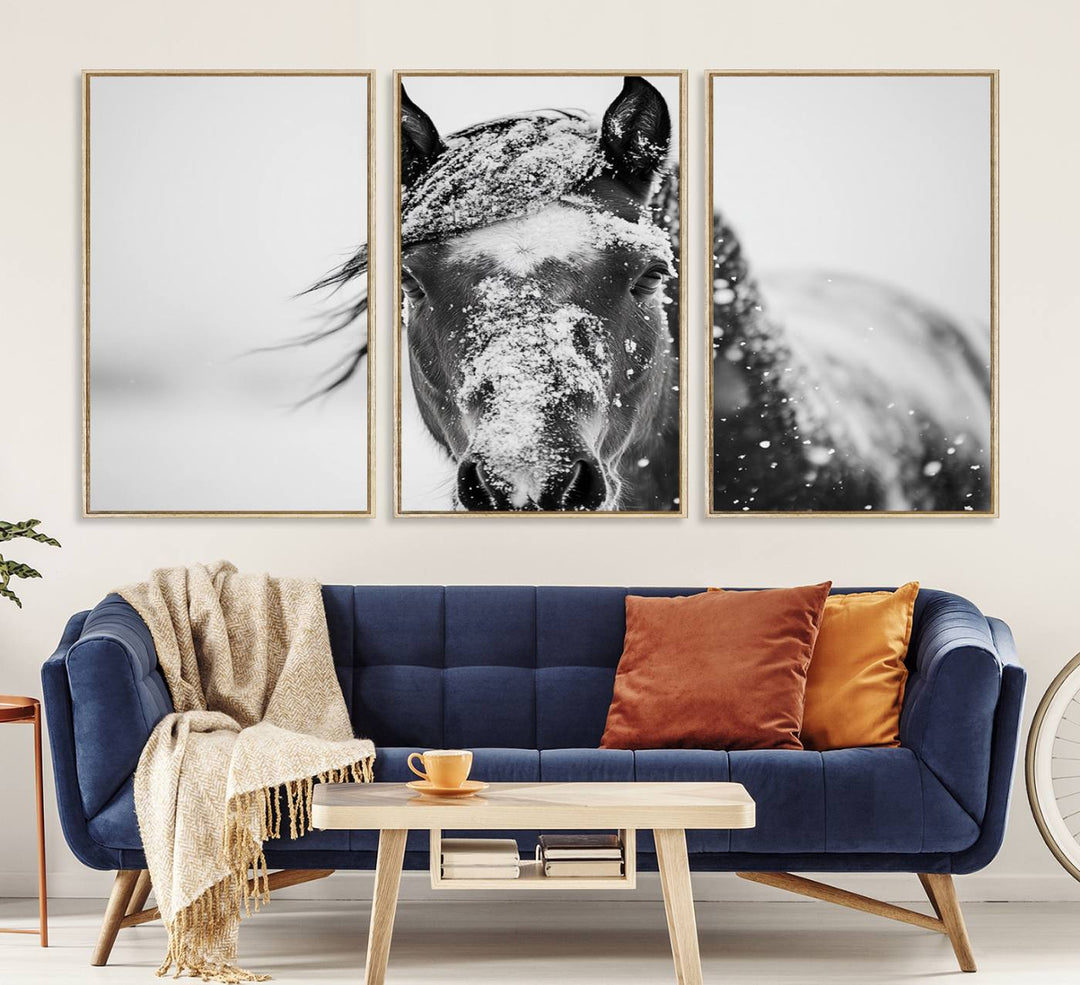 This black and white winter horse wall art enhances any decor; it is ready to hang and framed for a farmhouse or Western style.