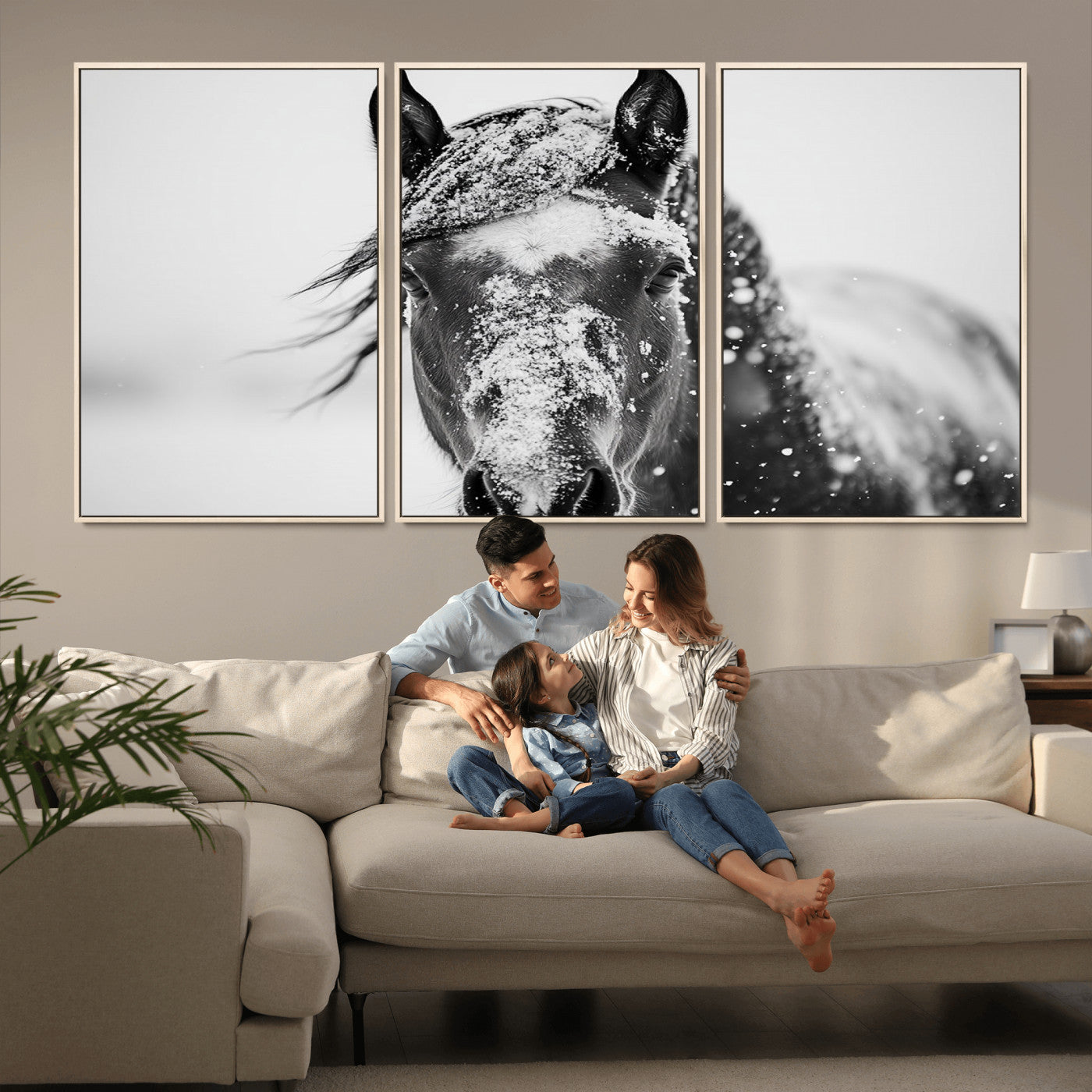 MGV-FC-60X30-3P - Western Wall Art | Black and White Winter Horse Wall Art | Ready to Hang and Framed | Farmhouse and