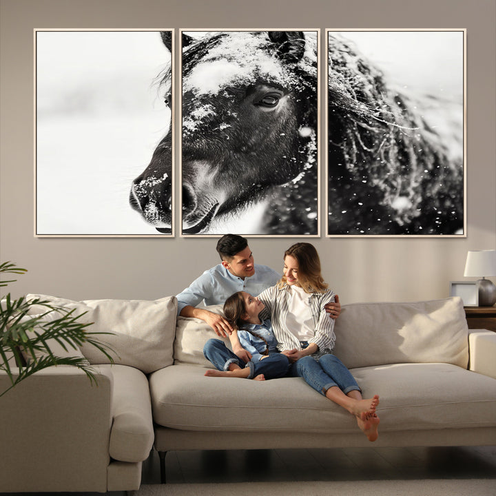 The wall art is a Black and White Horse piece, framed and ready to hang.