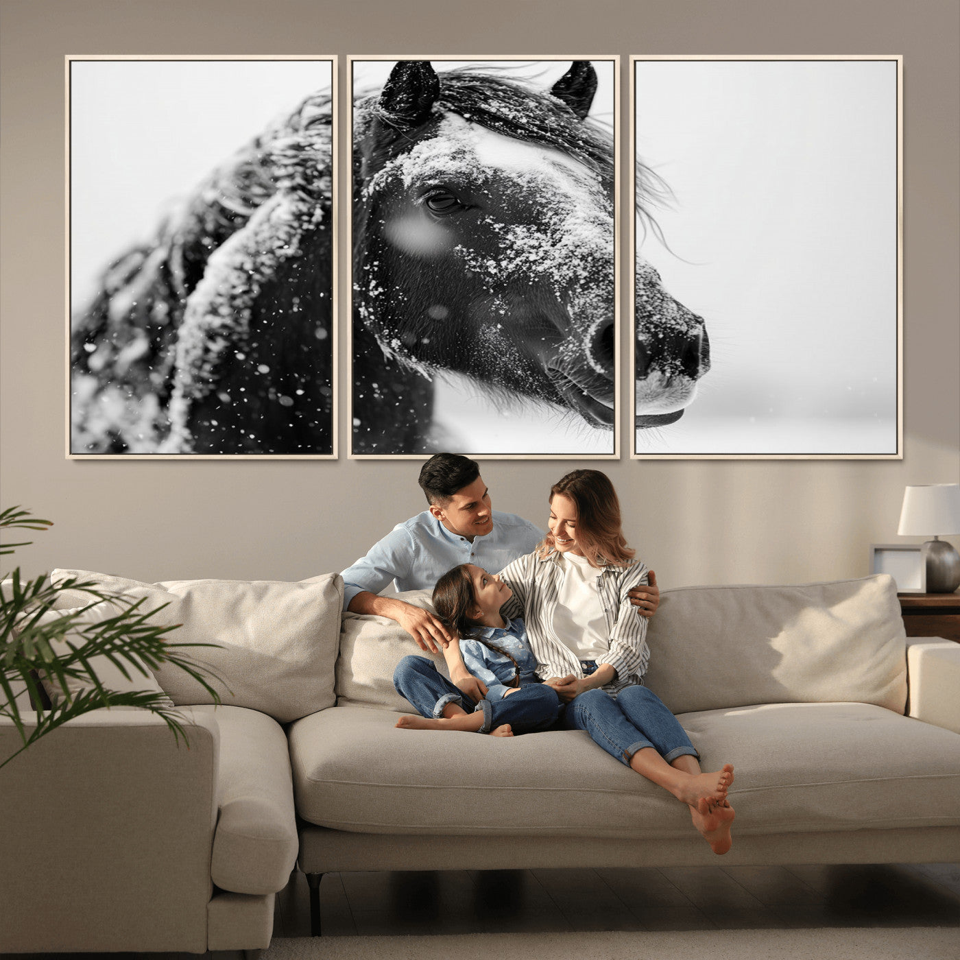 MGV-FC-60X30-3P - Winter Horse Canvas Print | Large 3-Panel Black White Equine Photography for Rustic Farmhouse Wall