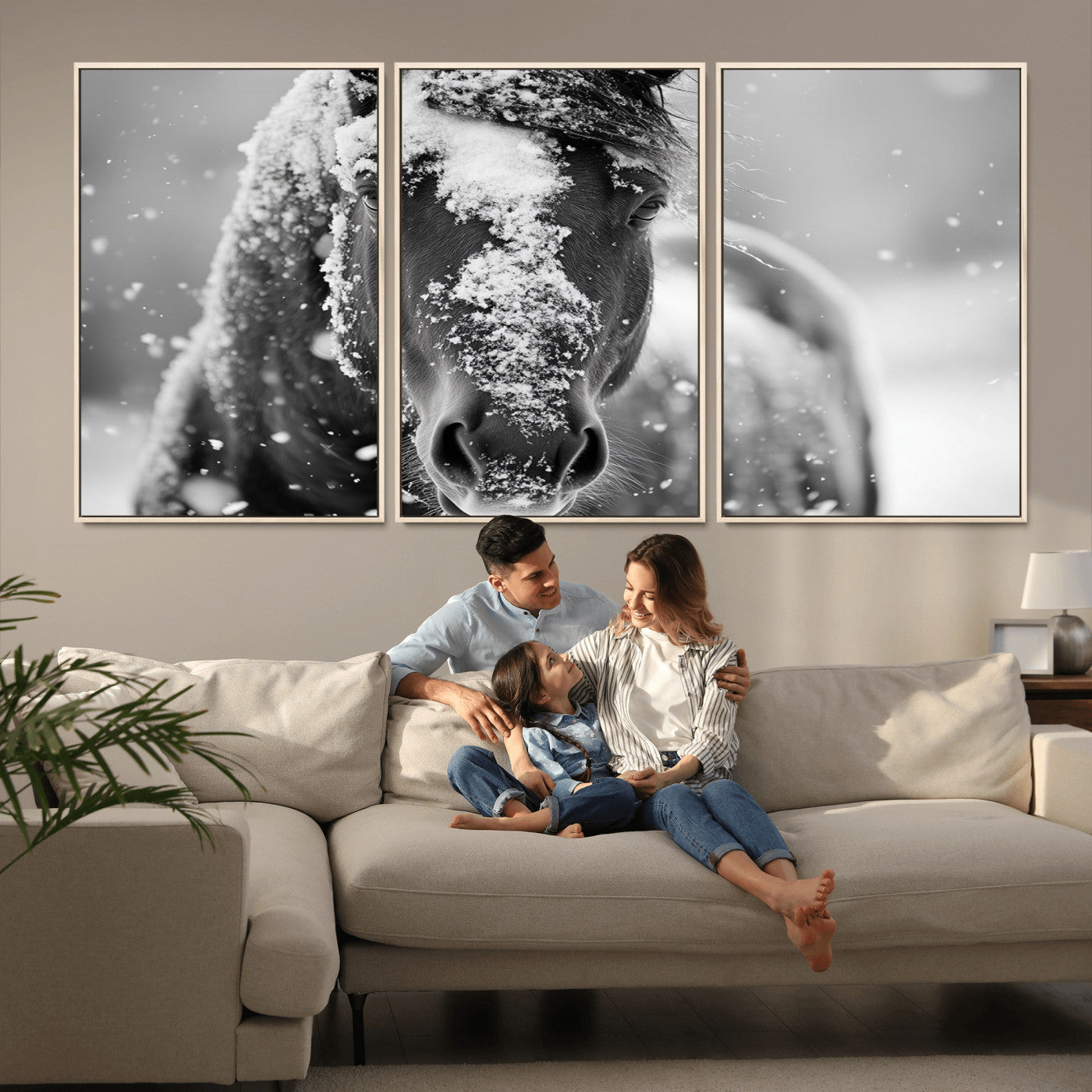 MGV-FC-60X30-3P - Black and White Horse Winter Wall Art | Ready to Hang and Framed | Farmhouse Wall Decor | Western