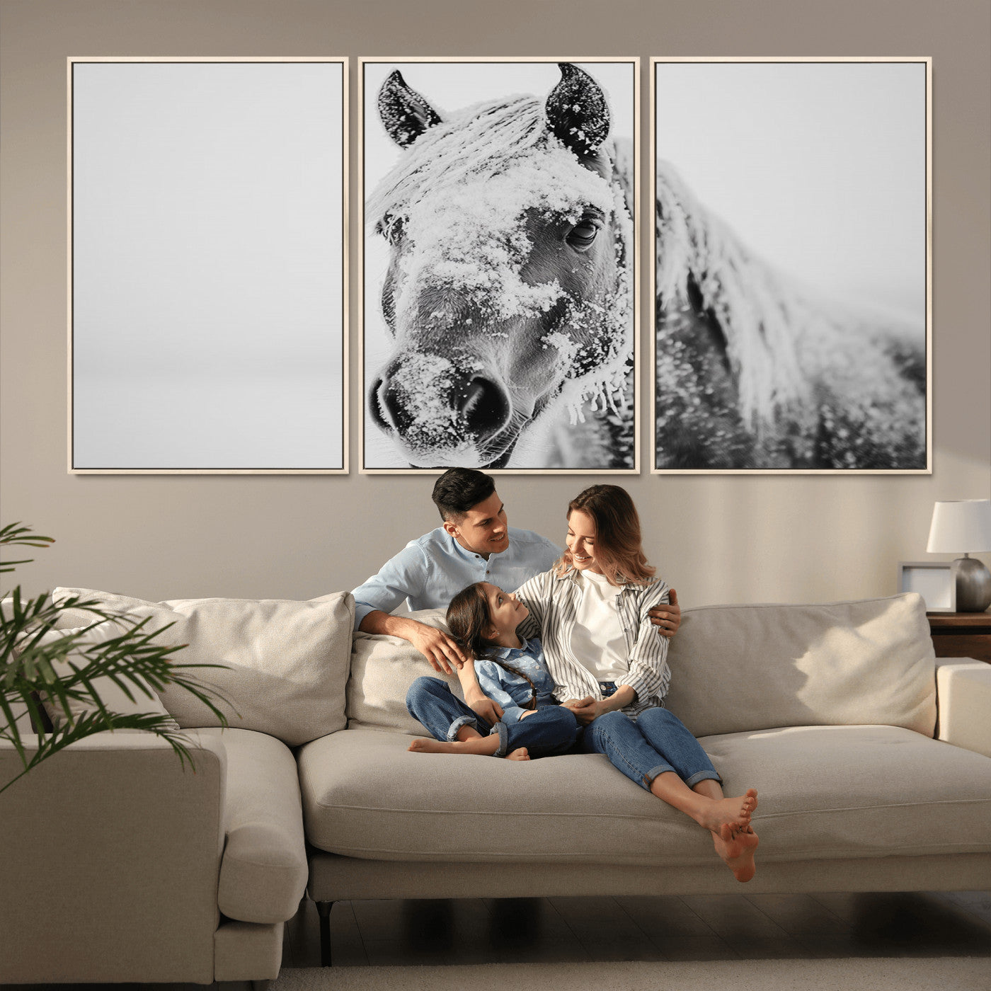 MGV-FC-60X30-3P - White Horse Wall Art | Ready to Hang and Framed | Winter Horse Wall Art Print for Farmhouse and