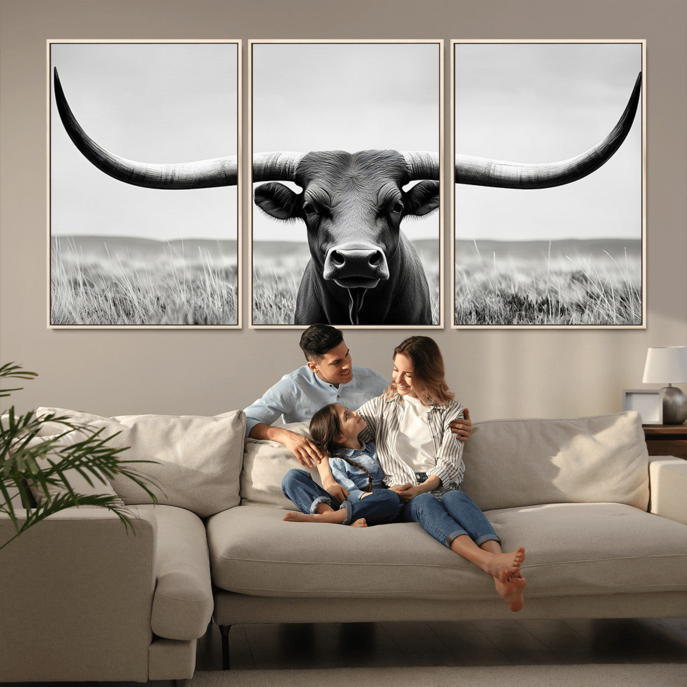MGV-FC-60X30-3P - Longhorn Bull Canvas Print | Rustic Farmhouse Wall Art | Western Decor | Ready to Hang and Framed