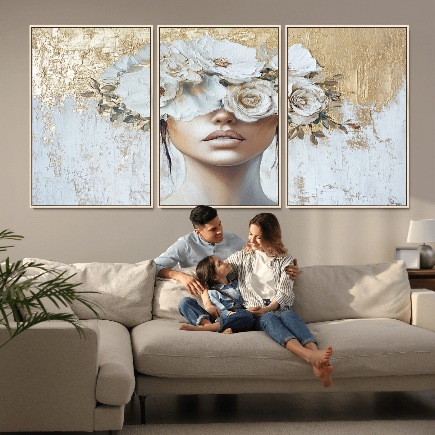 MGV-FC-60X30-3P - Golden Petal Wall Art - Canvas Print Flower Head Woman Painting Floral Woman Portrait Wall Decor,