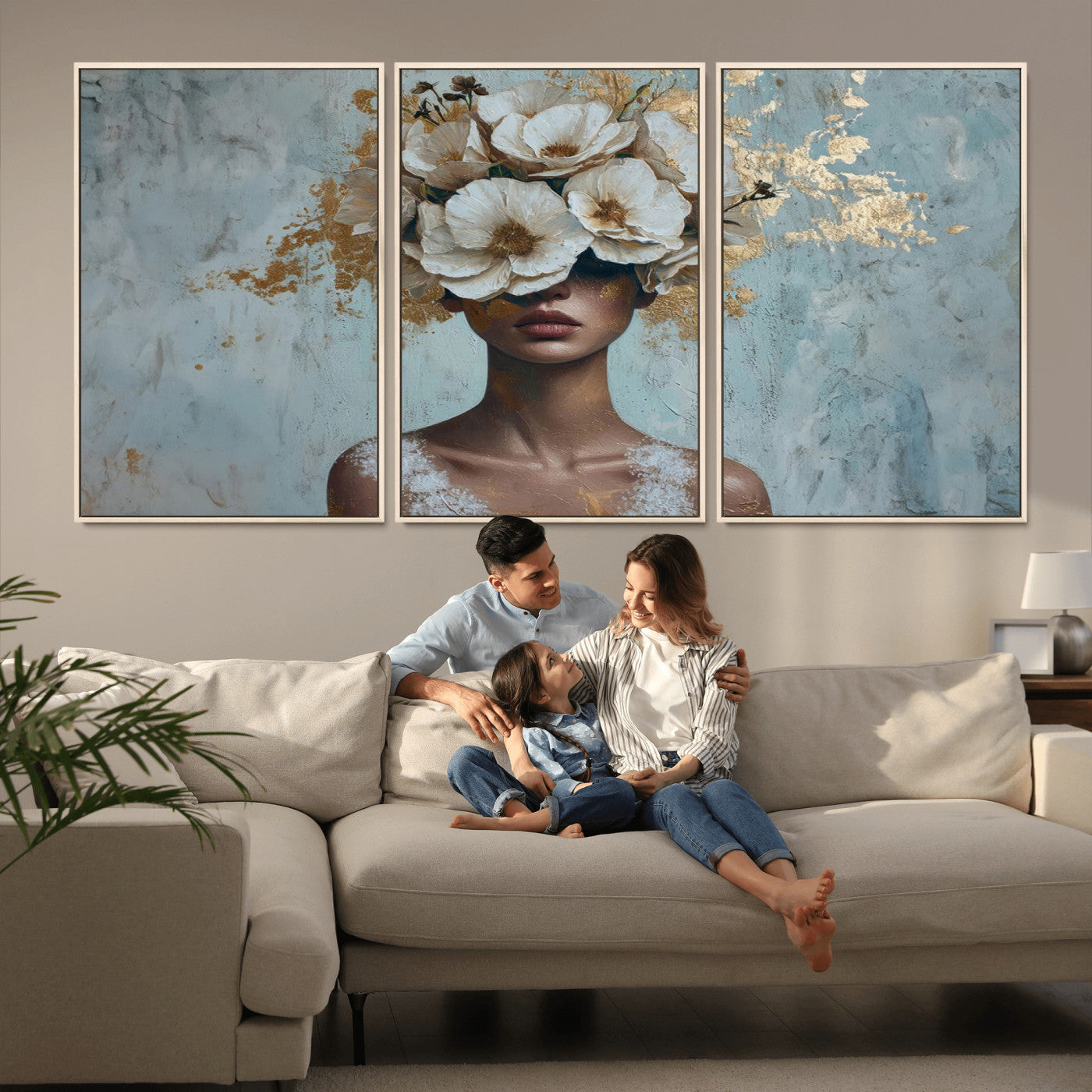 MGV-FC-60X30-3P - Golden Petal Wall Art - Petal Silhouette Woman Wall Art Canvas Print | Large 3-Panel Canvas with