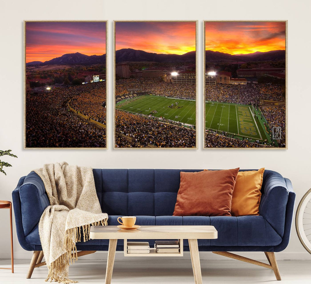 A vibrant mountain sunset at Folsom Field, home of the University of Colorado Football team, is captured in this stunning wall art canvas print.