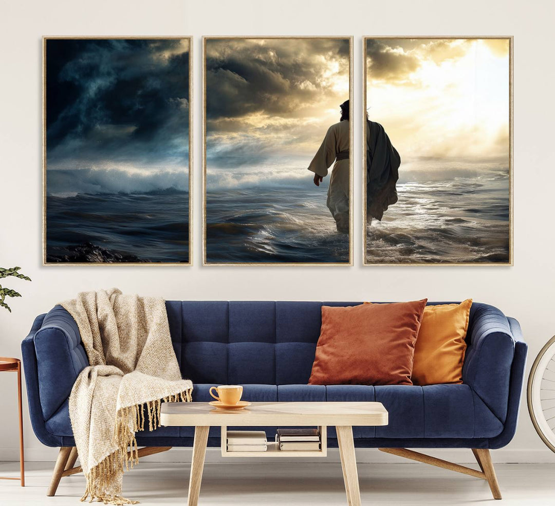 A dramatic sky serves as the backdrop for the Jesus Walking on Water wall art, a perfect piece for Christian home decor.