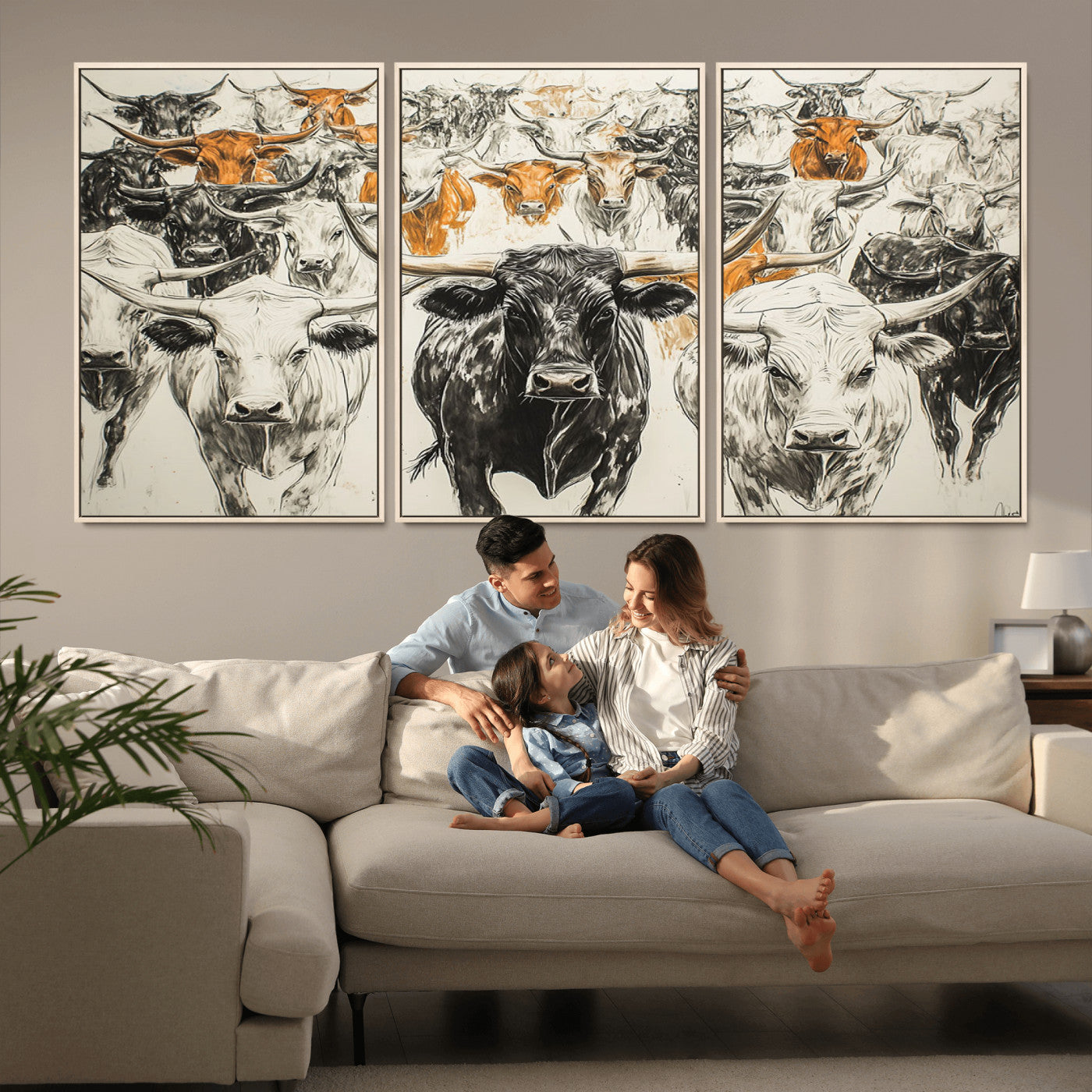 MGV-FC-60X30-3P - Farmhouse Wall Art | Western Longhorn Cattle Canvas Print | Ready to Hang and Framed Barn Decor