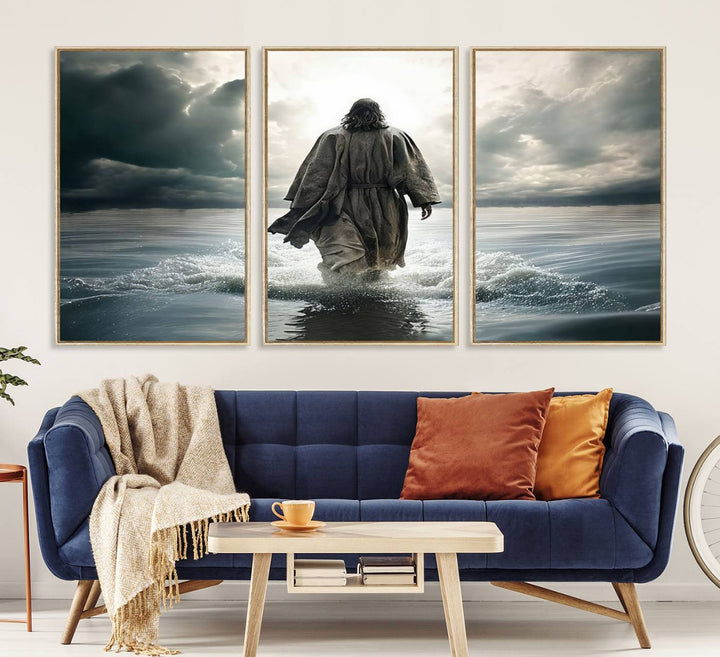 A canvas wall art depicting a figure walking on water beneath dramatic clouds, designed as inspirational religious imagery and ready to hang.