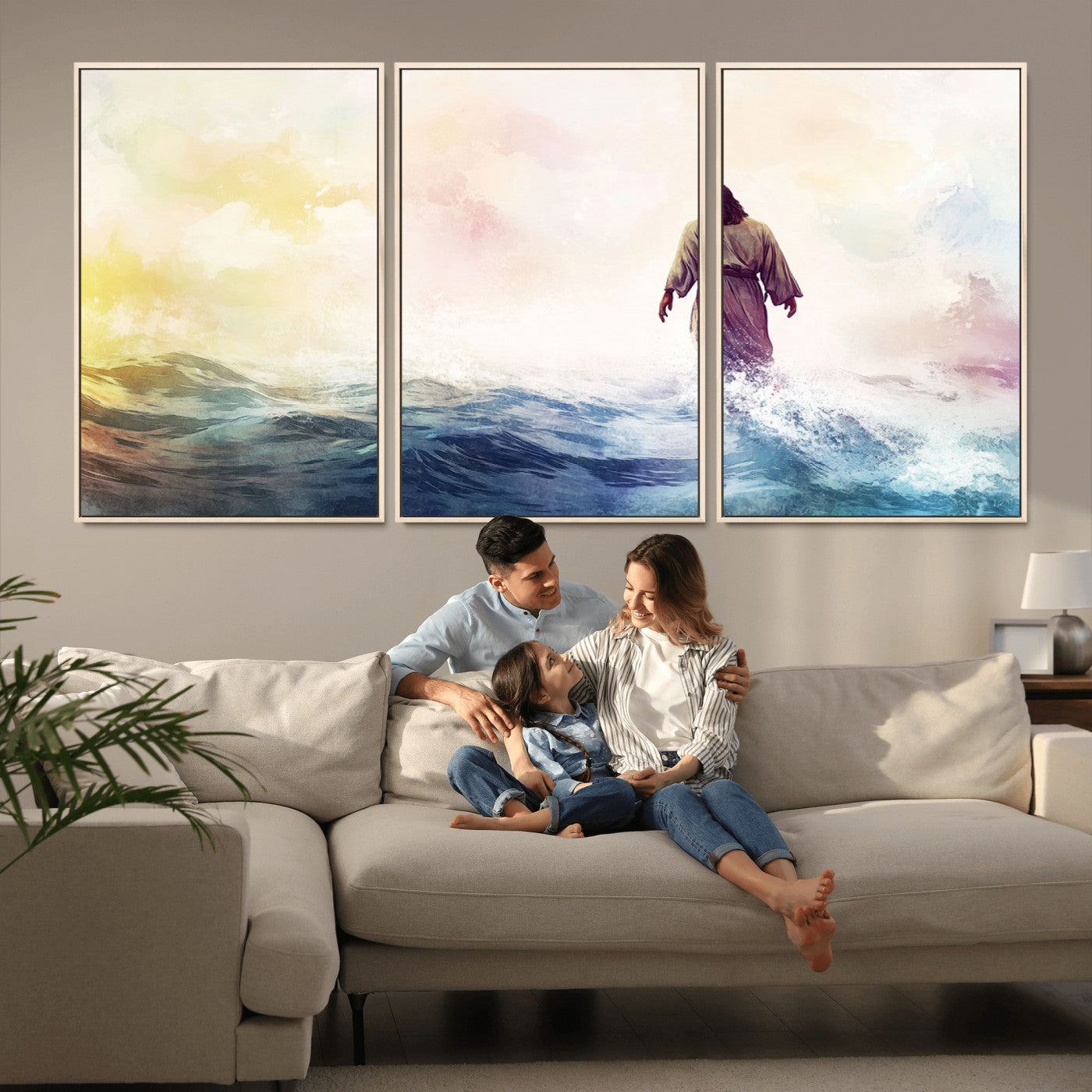 MGV-FC-60X30-3P - Watercolor Jesus Walking on Water Canvas Print, Christian Wall Art, Jesus Christ Walking