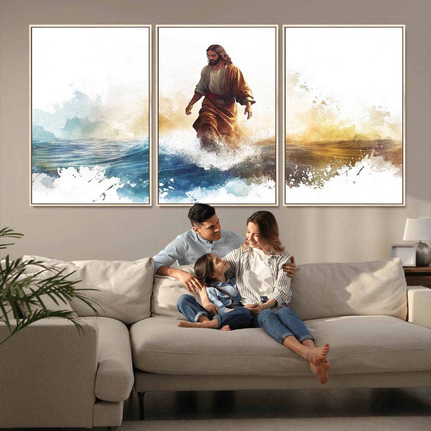 MGV-FC-60X30-3P - Watercolor Jesus Walking Wall Art Print, Jesus Water Canvas Print, Christian Wall Art, Jesus Christ