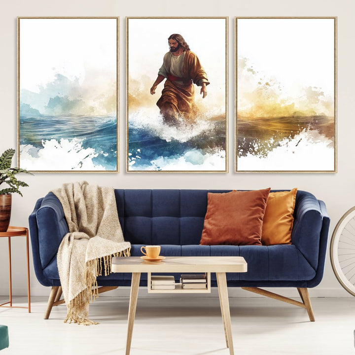 This watercolor canvas print depicts Jesus walking, characterized by abstract splashes against a serene background. It serves as a beautiful piece of Christian wall art.