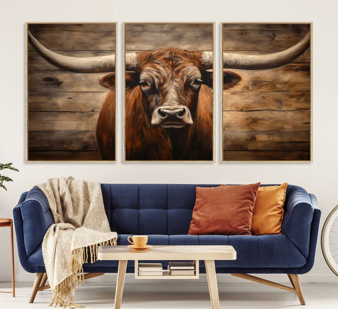 Longhorn Bull Canvas Print: Rustic Farmhouse Decor, Ready to Hang Western Barn Art.